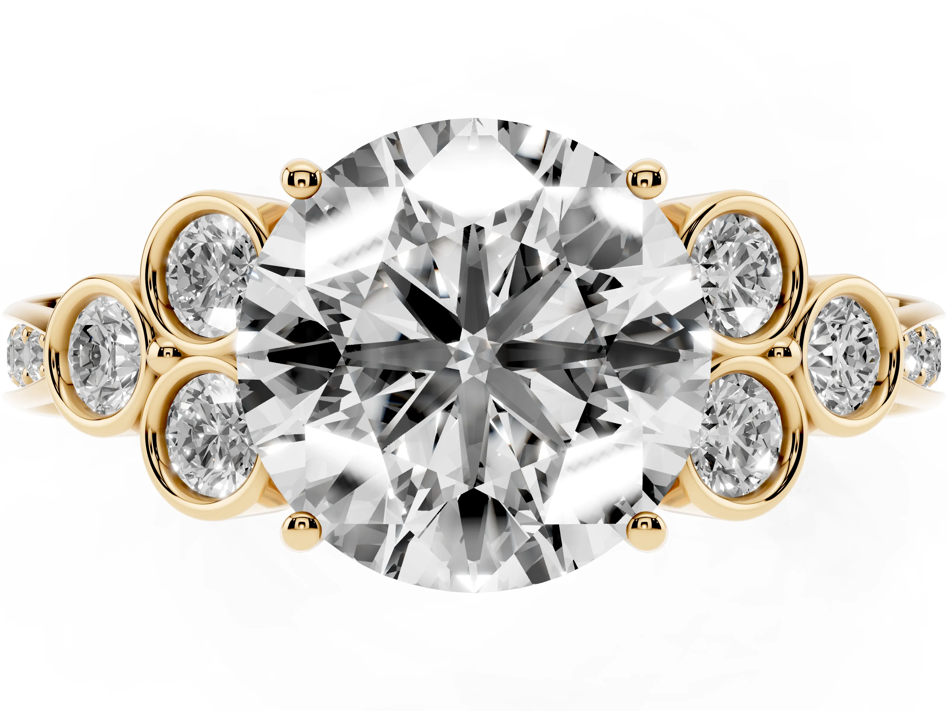 Round Cut Diamond Engagement Ring Set in Yellow gold with Bezel Set Round Side Stones and Prong Setting