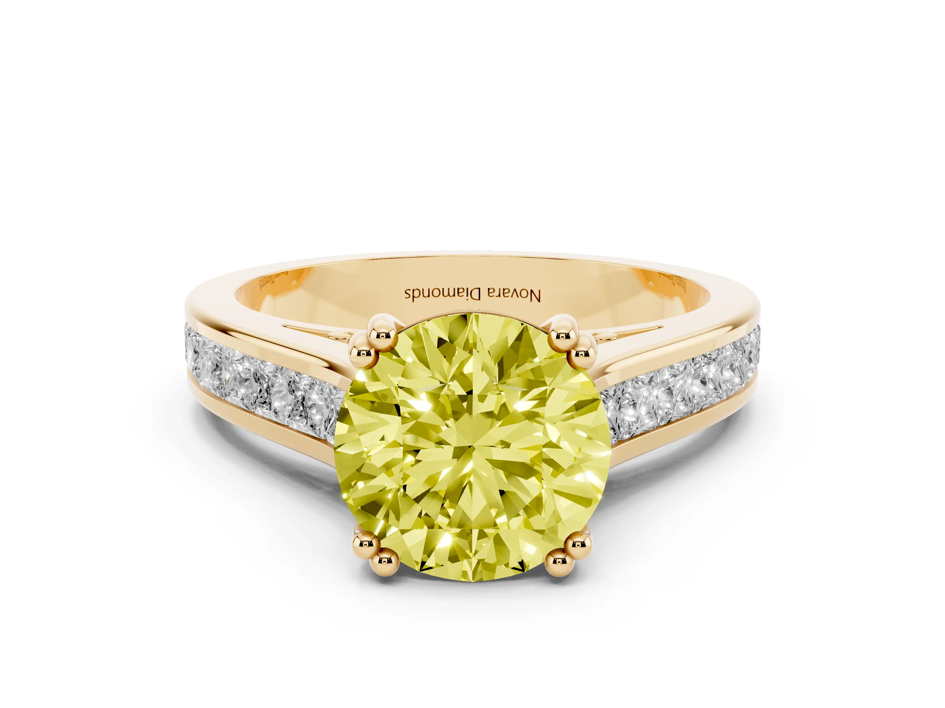 Fancy Yellow Round Cut Diamond Channel Set Solitaire Engagement Ring Set in Yellow gold with Prong Setting