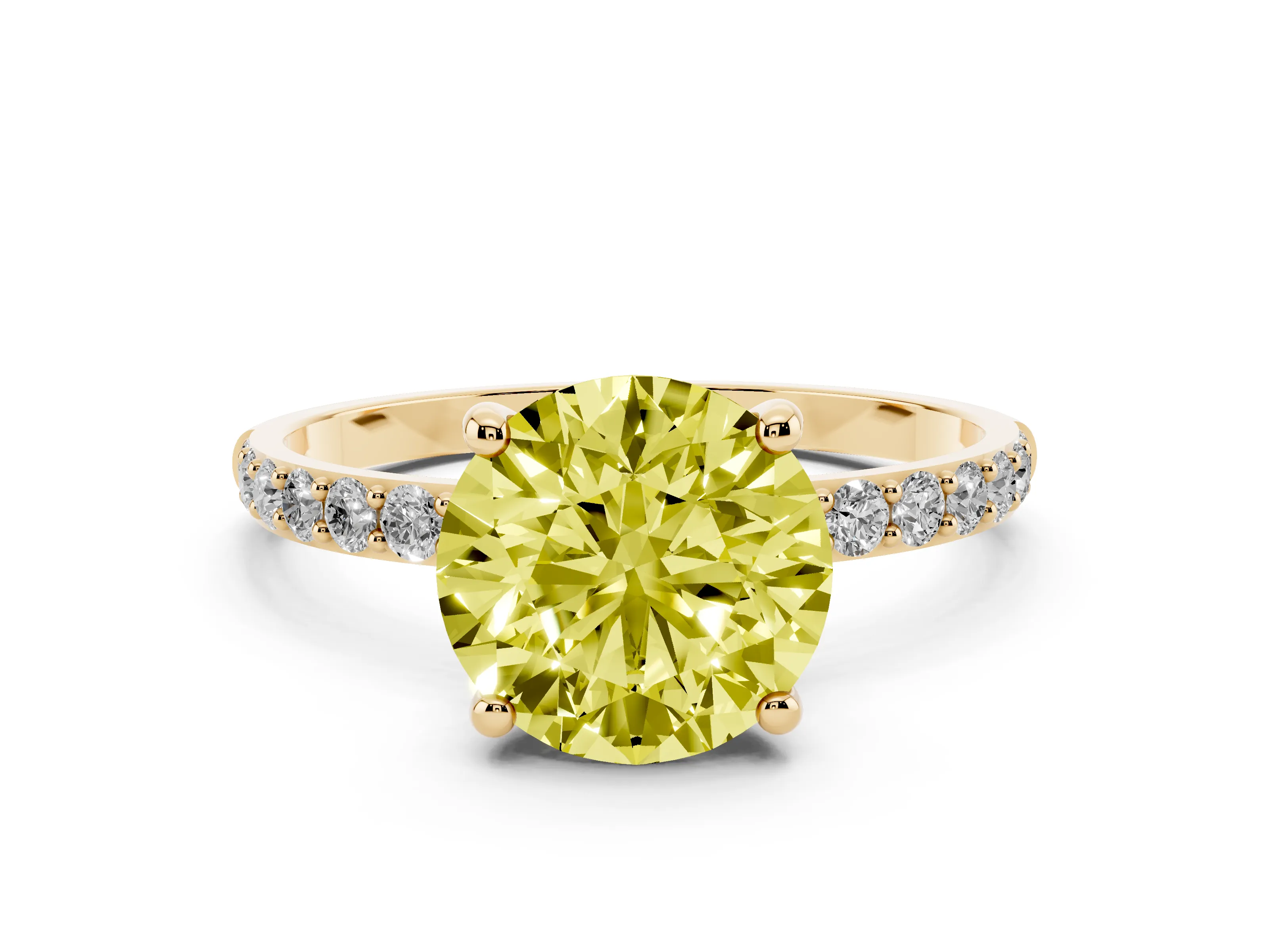 Fancy Yellow Round Cut Diamond Solitaire Ring Set in Yellow gold with Round Pavé Band and Prong Setting