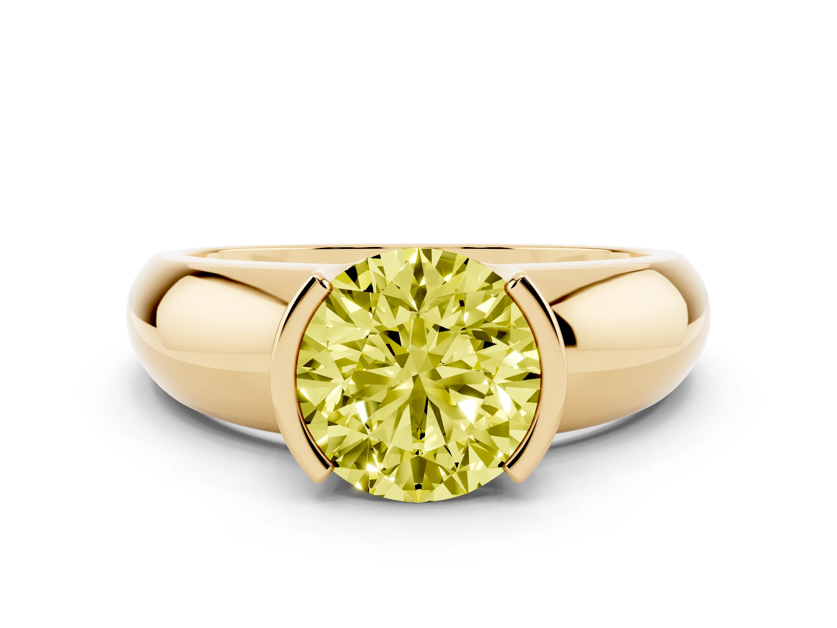 Fancy Yellow Round Cut Diamond Solitaire Tension Set Ring Set in Yellow gold with Wide Band