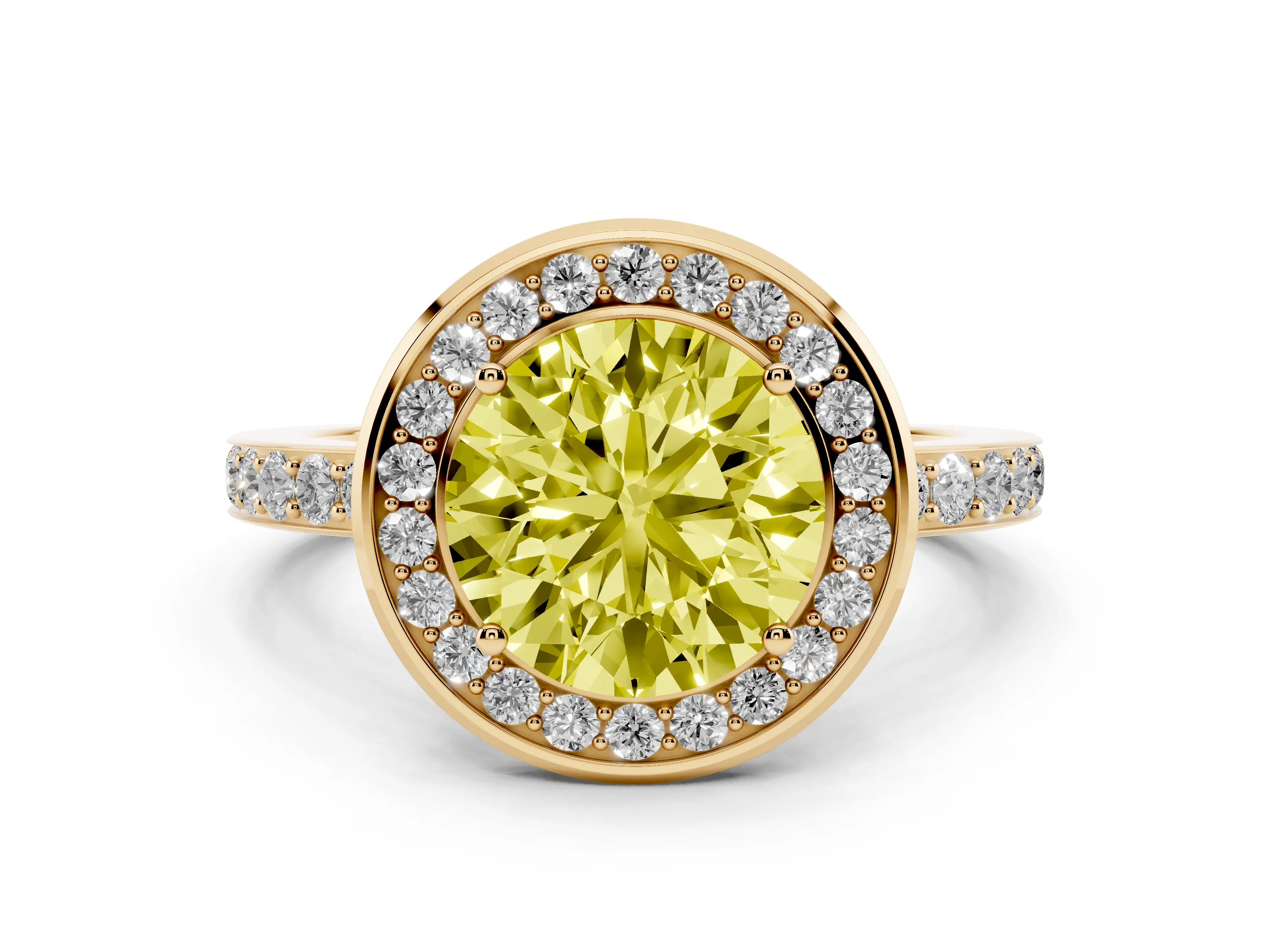 Fancy Yellow Round Cut Diamond Halo Ring Set in Yellow gold with Bezel Frame and Pavé Band