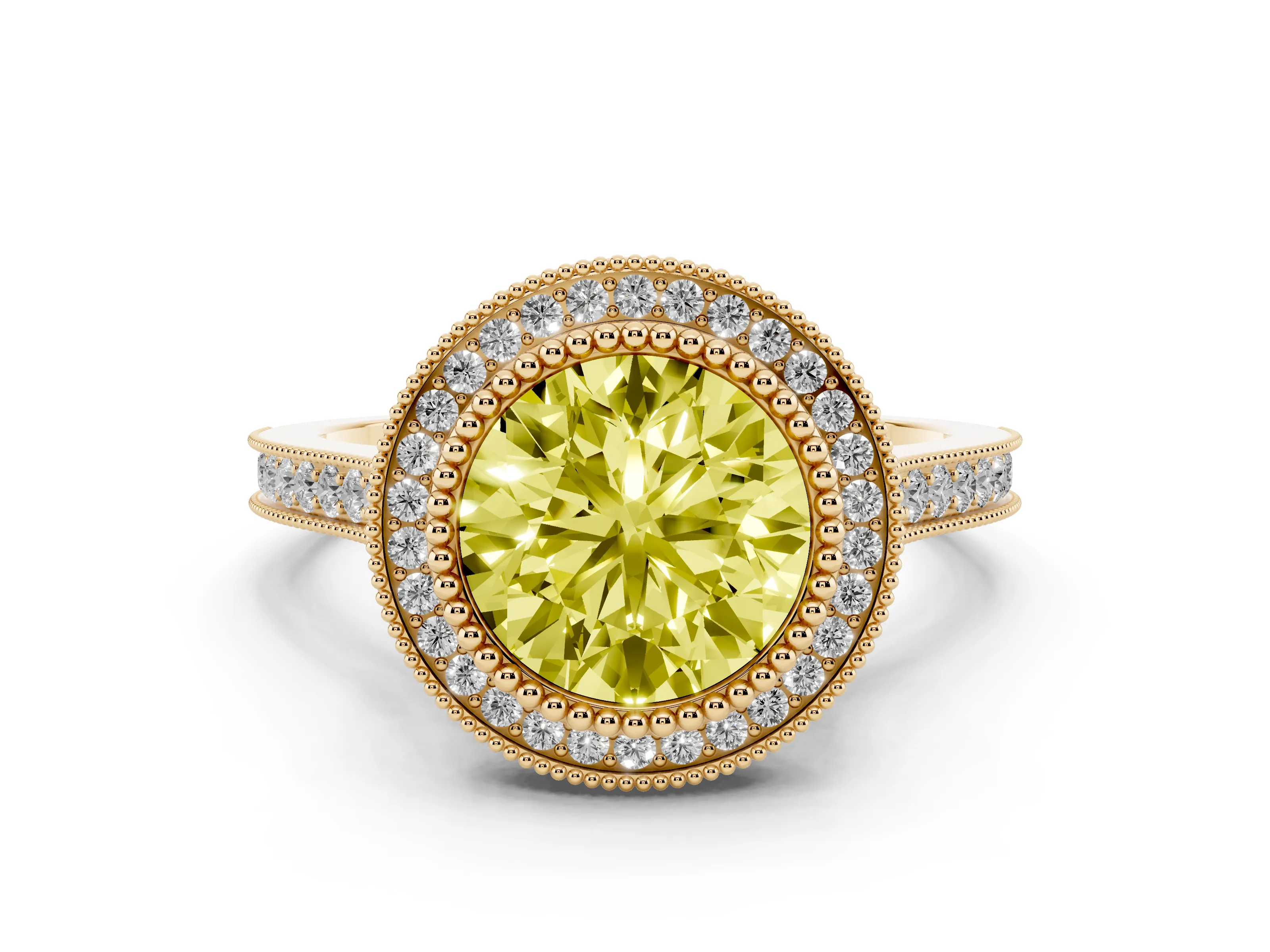 Fancy Yellow Round Cut Diamond Halo Ring Set in Yellow gold with Milgrain Frame and Pavé Band