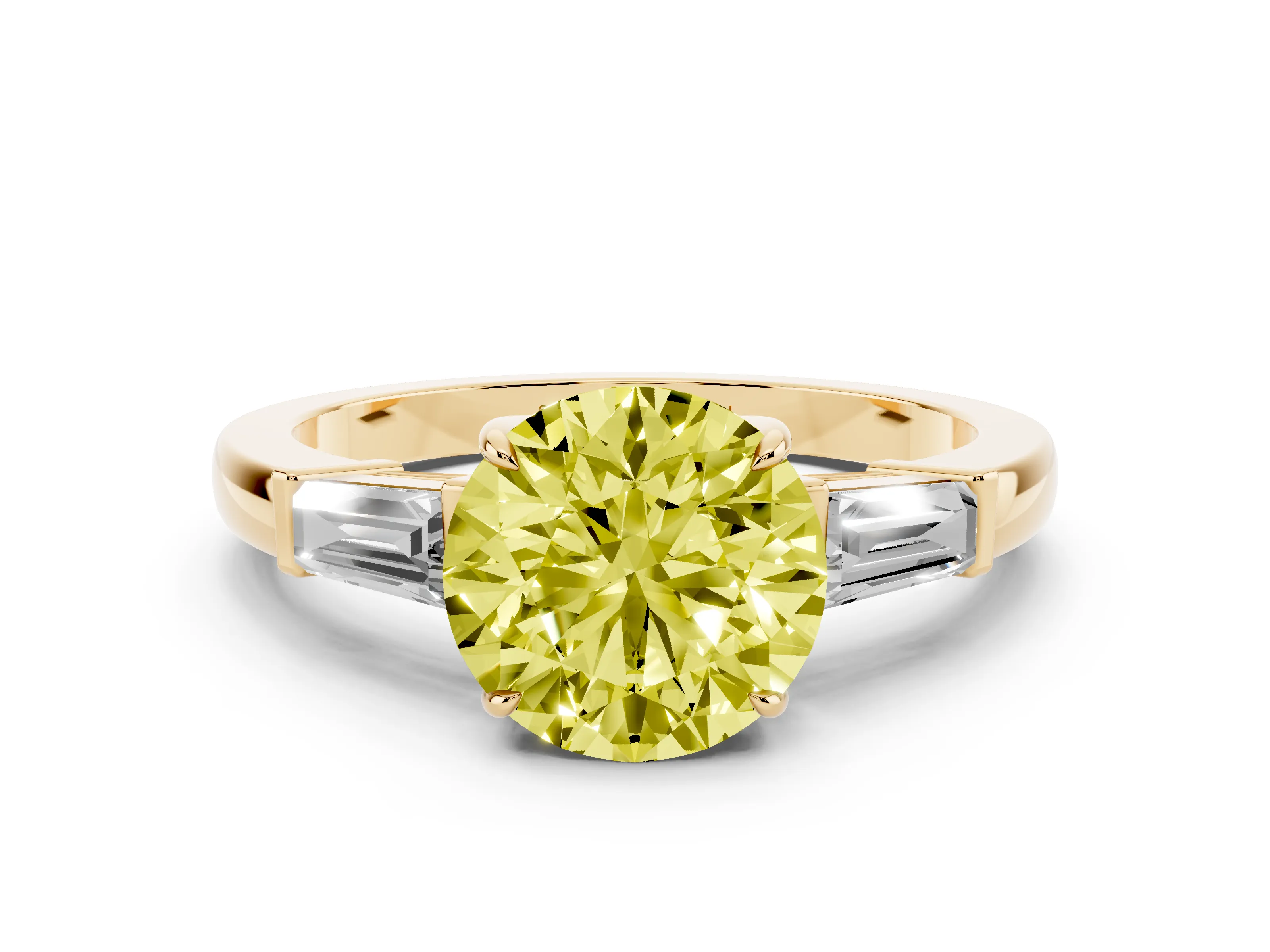 Fancy Yellow Round Cut Diamond Three-Stone Ring Set in Yellow gold with Tapered Baguette Side Stones and Prong Setting