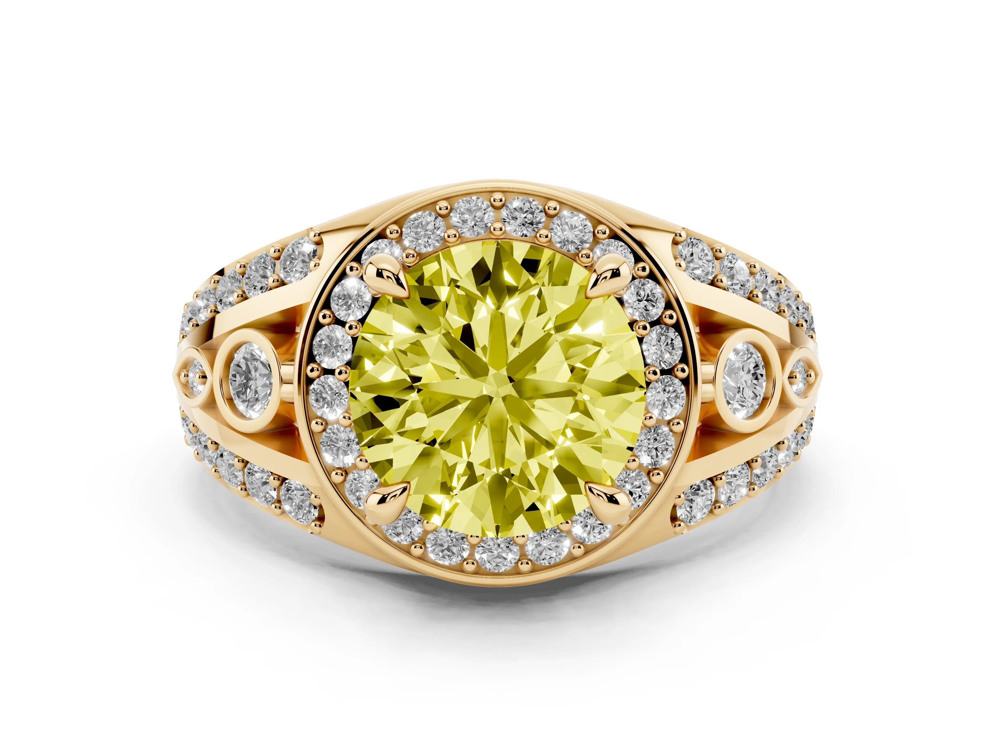Fancy Yellow Round Cut Diamond Halo Ring Set in Yellow gold with Pavé Split Shank and Bezel Accents