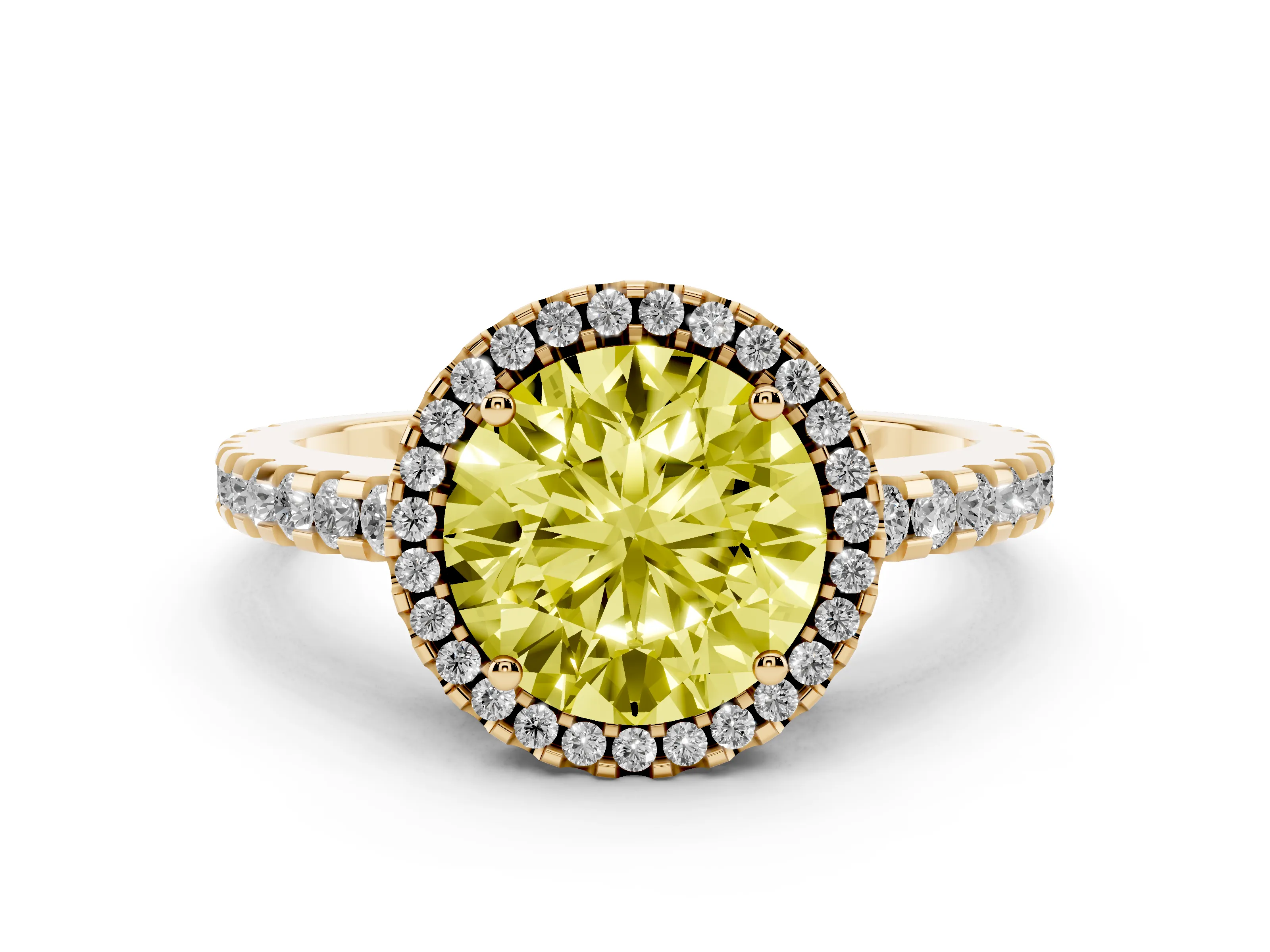Fancy Yellow Round Cut Diamond Halo Ring Set in Yellow gold with Pavé Shoulders and Halo-Framed Center