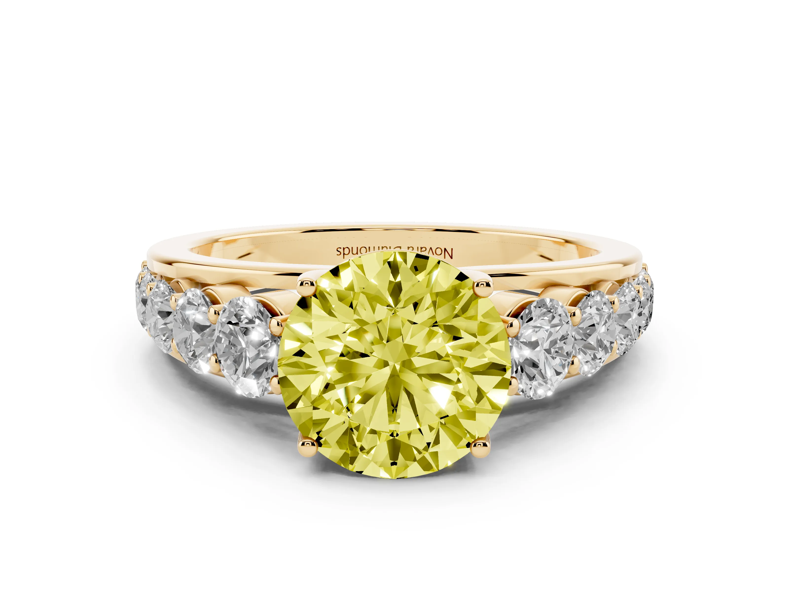 Fancy Yellow Round Cut Diamond Solitaire Ring Set in Yellow gold with Pavé-Set Band and Prong Setting