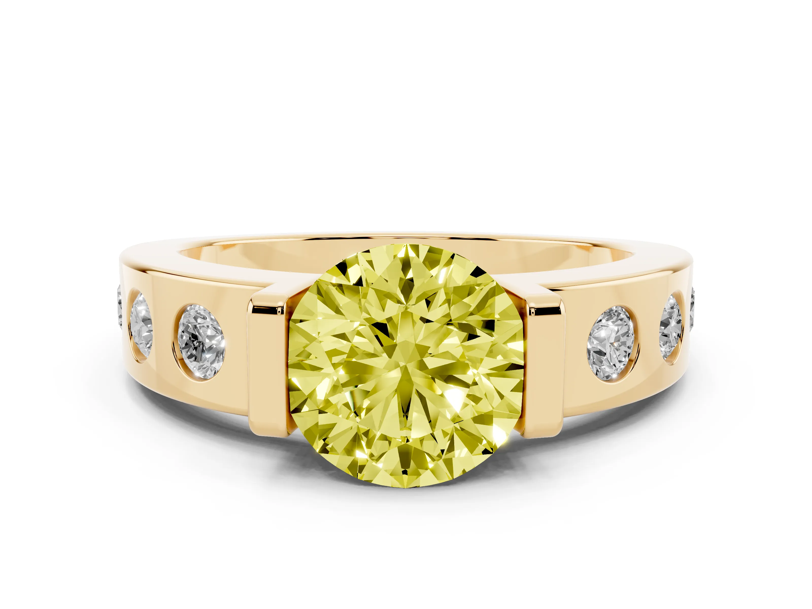 Fancy Yellow Round Cut Diamond Channel-Set Band Ring Set in Yellow gold with Bezel Prong Setting