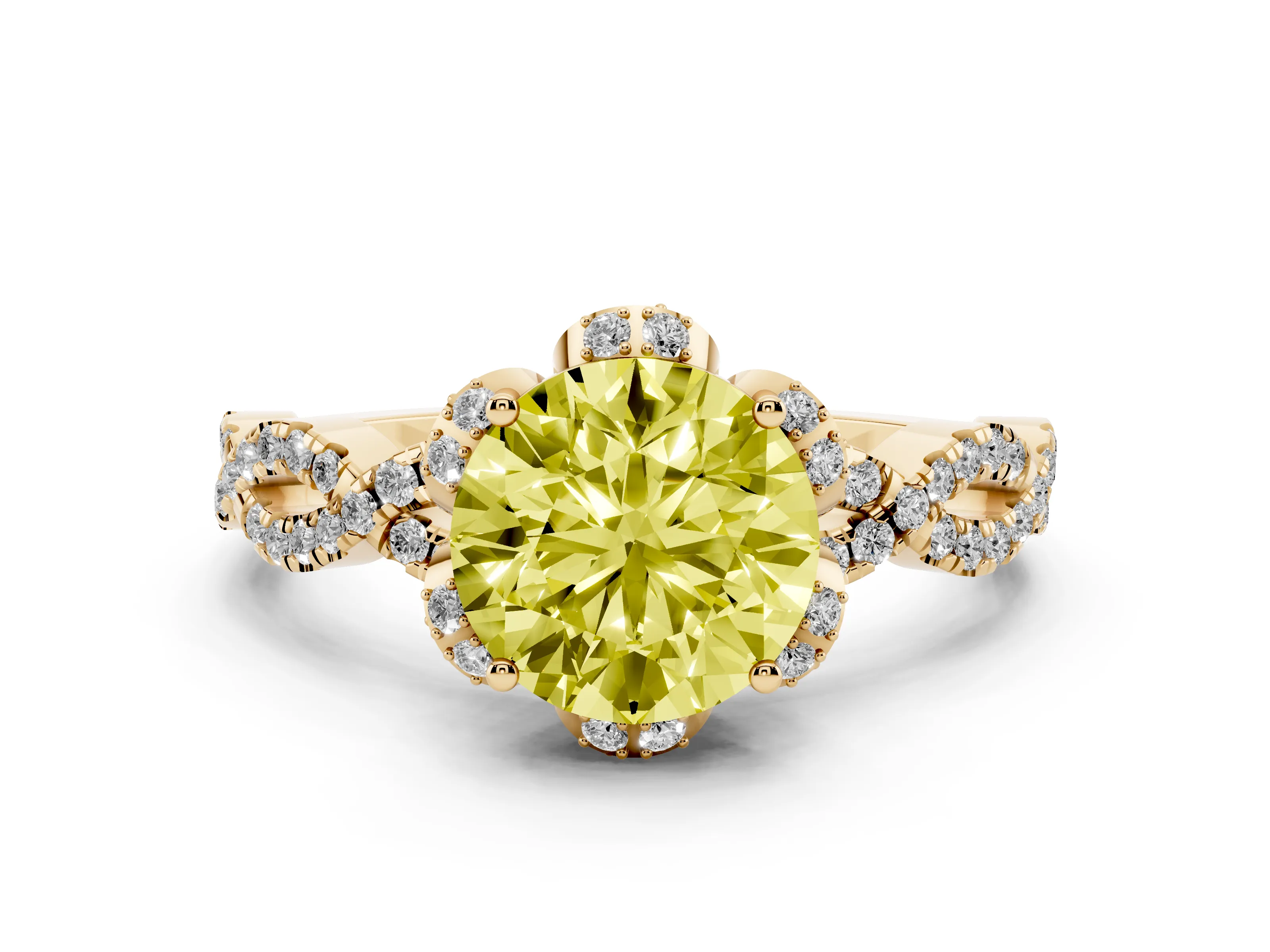 Fancy Yellow Round Cut Diamond Halo Twist Band Solitaire Ring Set in Yellow gold with Prong-Set Center Stone