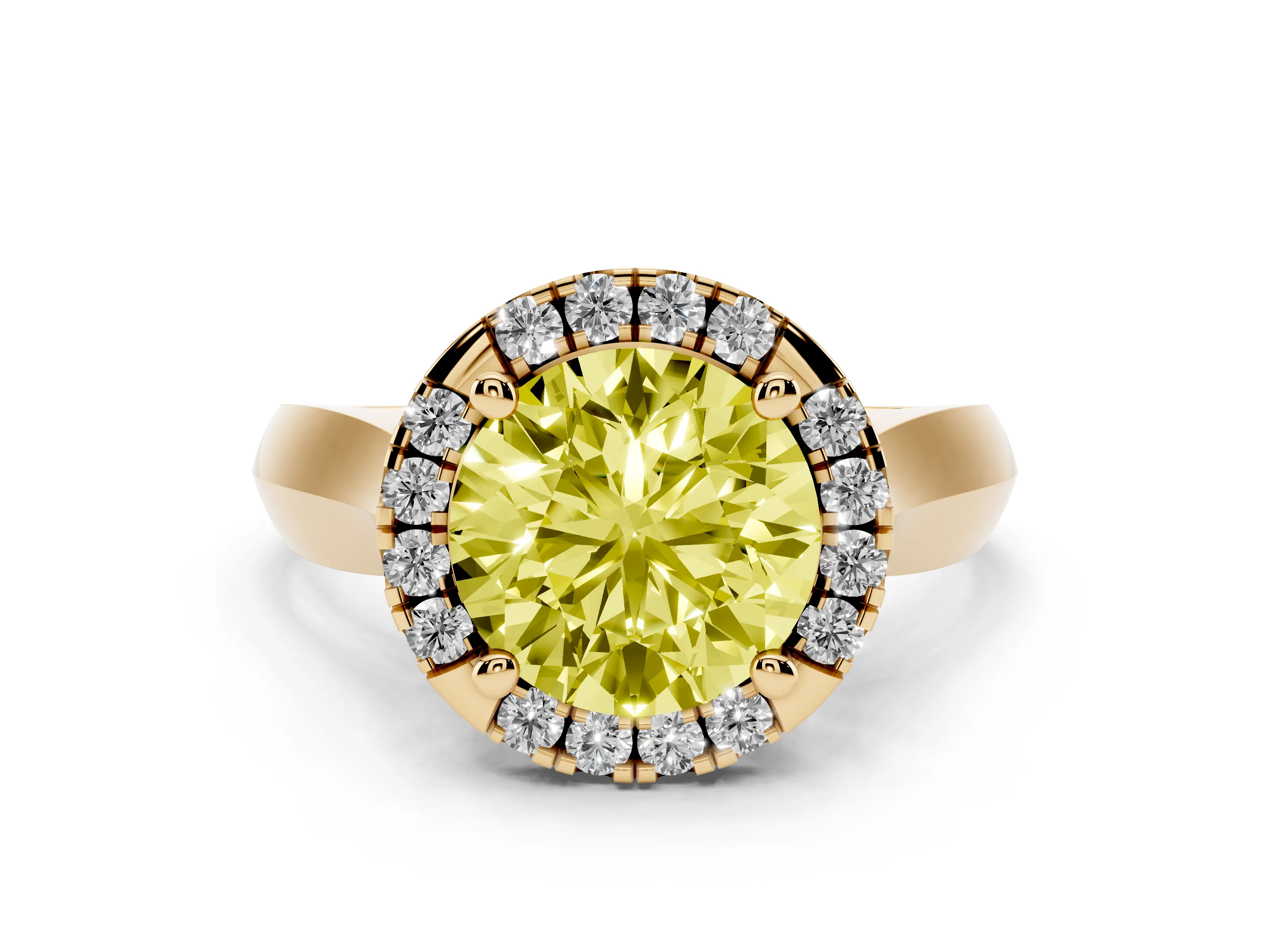 Fancy Yellow Round Cut Diamond Halo Solitaire Engagement Ring Set in Yellow gold with Square Band and Prong Setting