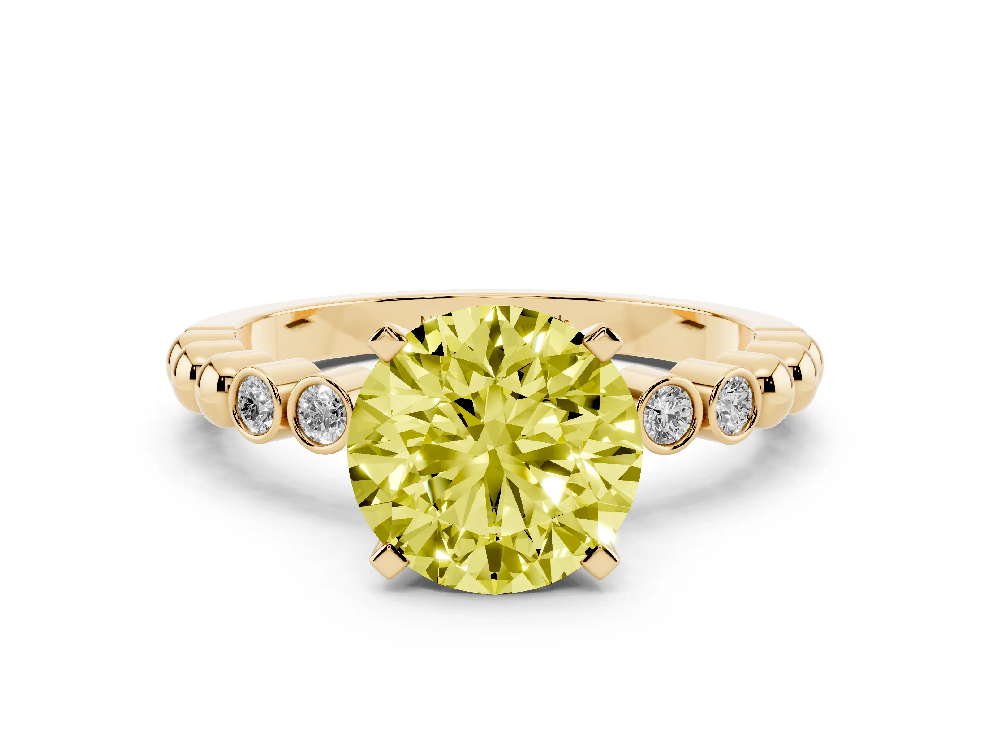 Fancy Yellow Round Cut Diamond Solitaire Engagement Ring Set in Yellow gold with Bezel Accents on Beaded Band