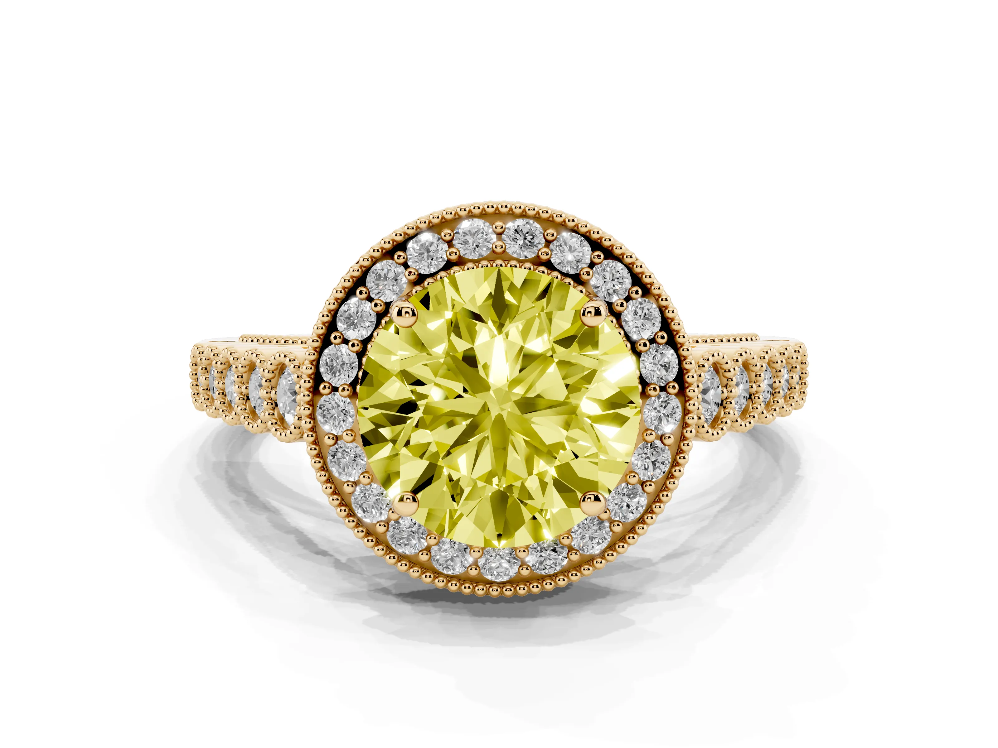 Fancy Yellow Round Cut Diamond Milgrain Halo Solitaire Ring Set in Yellow gold with Bezel Set Side Stones and Pavé Band