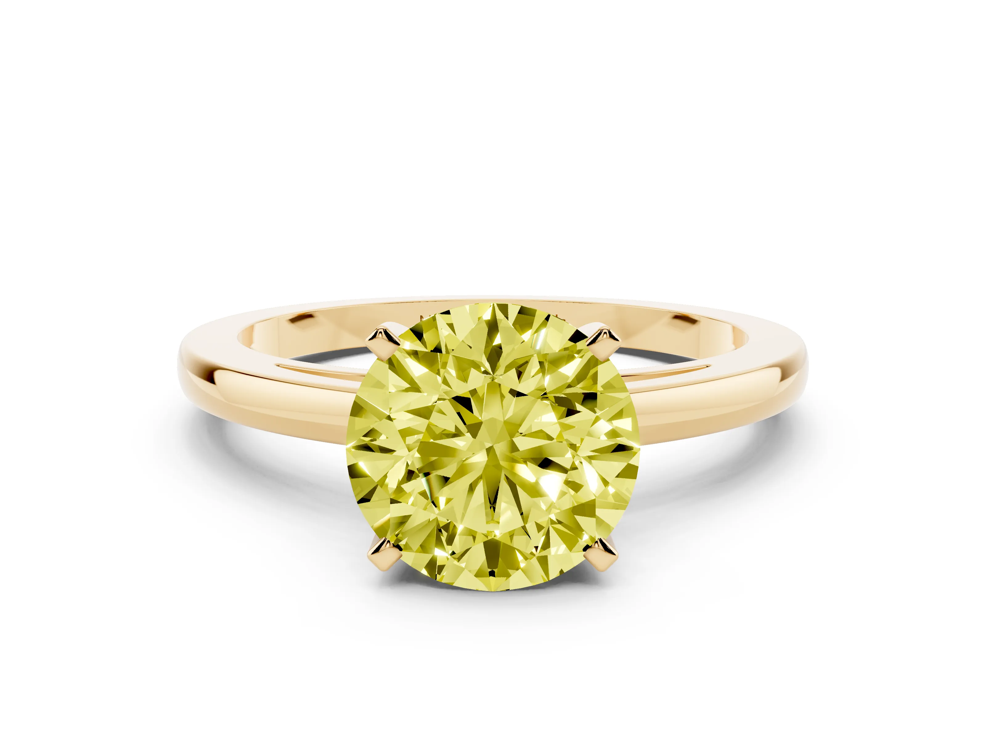 Fancy Yellow Round Cut Diamond Solitaire Engagement Ring Set in Yellow gold with Prong Setting on a Classic Band