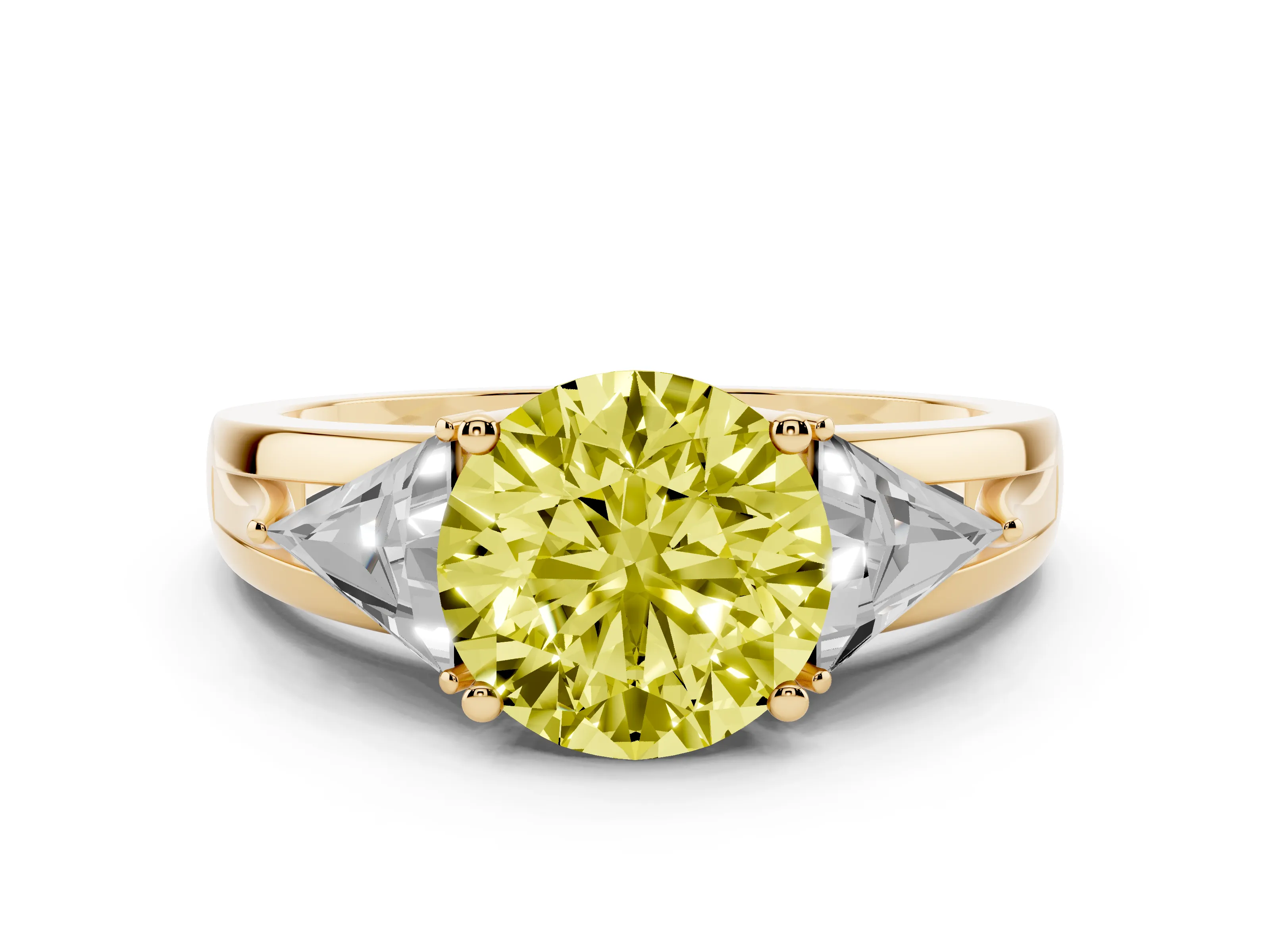 Fancy Yellow Round Cut Diamond Three-Stone Ring Set in Yellow gold with Trillion Side Stones and Split Shank