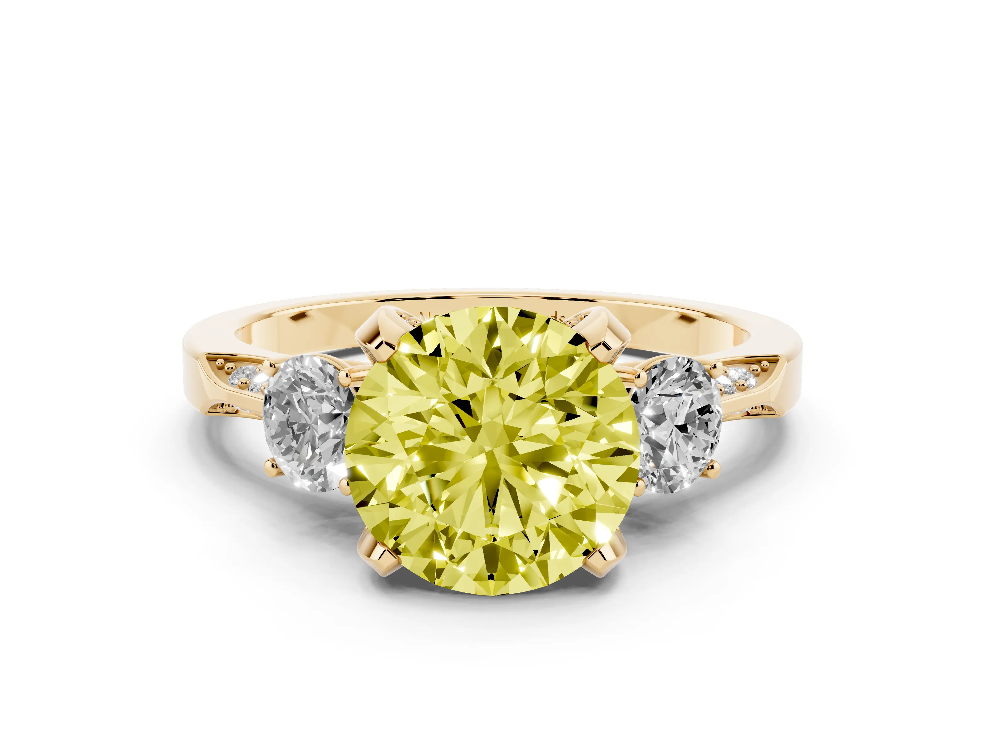 Fancy Yellow Round Cut Diamond Three-Stone Ring Set in Yellow gold with Pavé Band and Smaller Side Stones