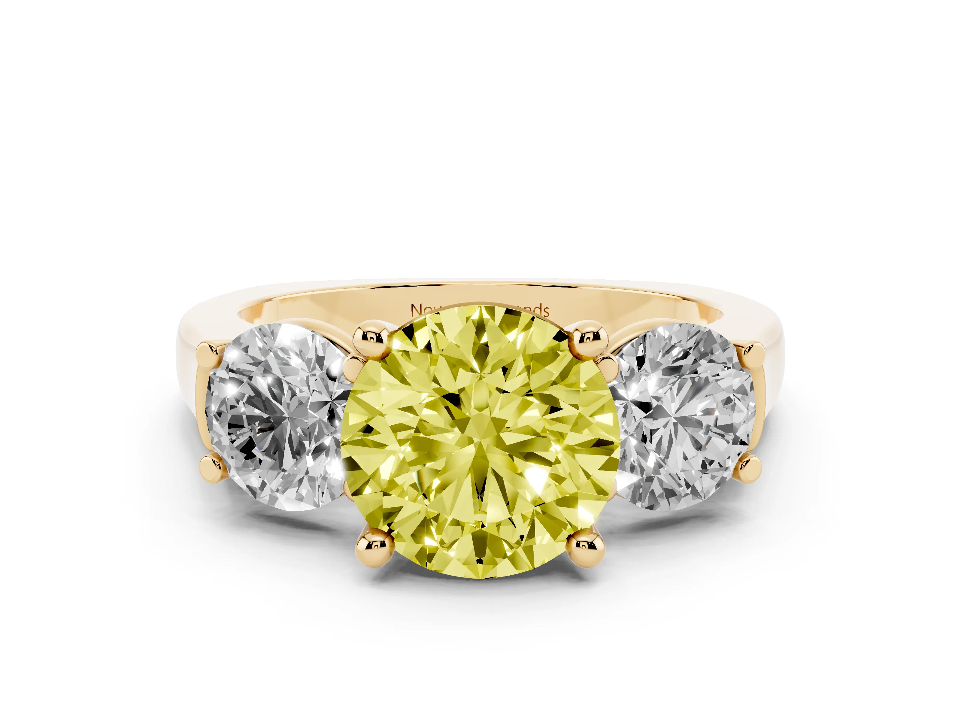 Fancy Yellow Round Cut Diamond Three-Stone Trellis Ring Set in Yellow gold with Comfort Fit Band