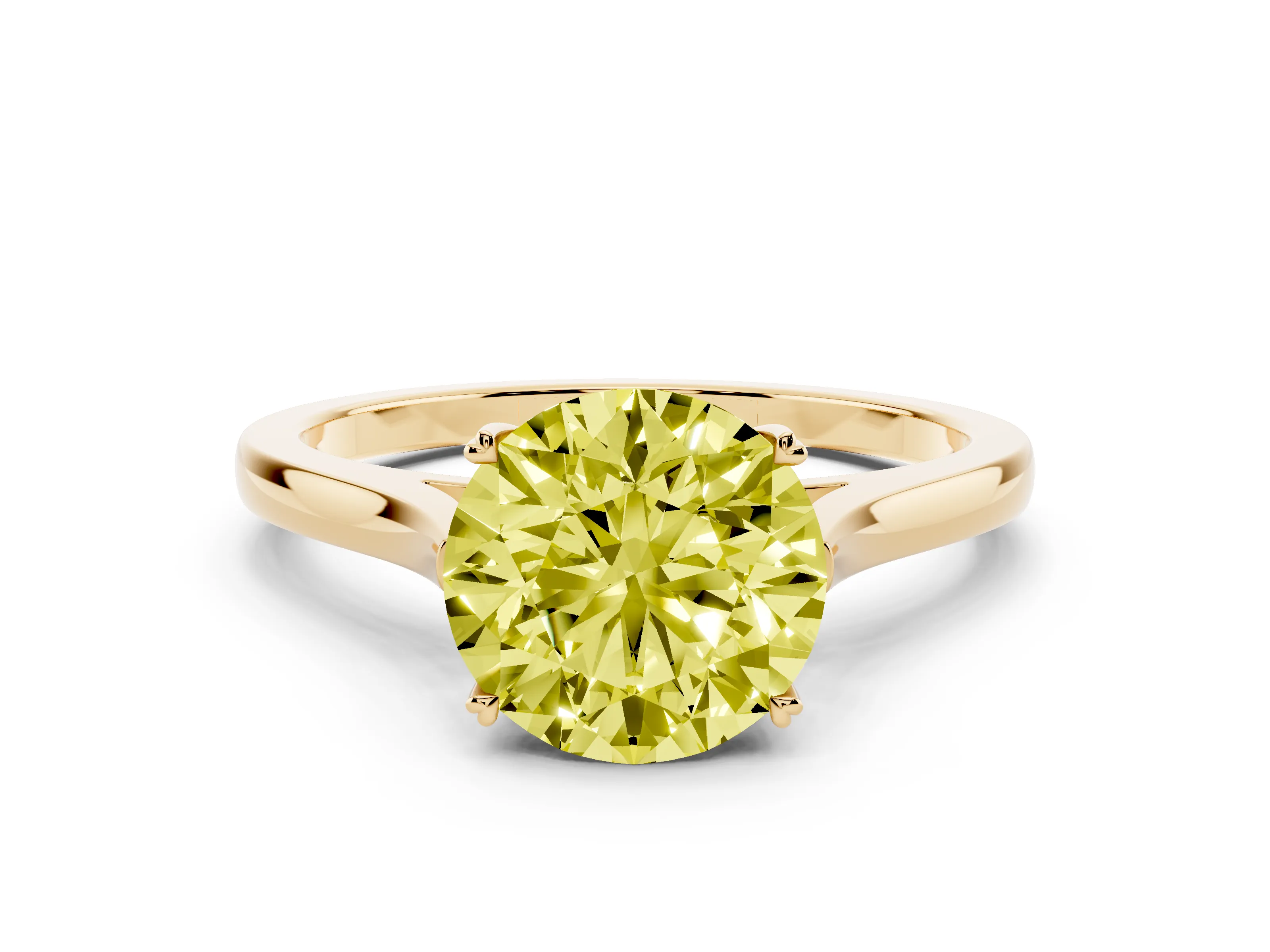 Fancy Yellow Round Cut Diamond Solitaire Heart Prong Engagement Ring Set in Yellow gold with Tapered Band