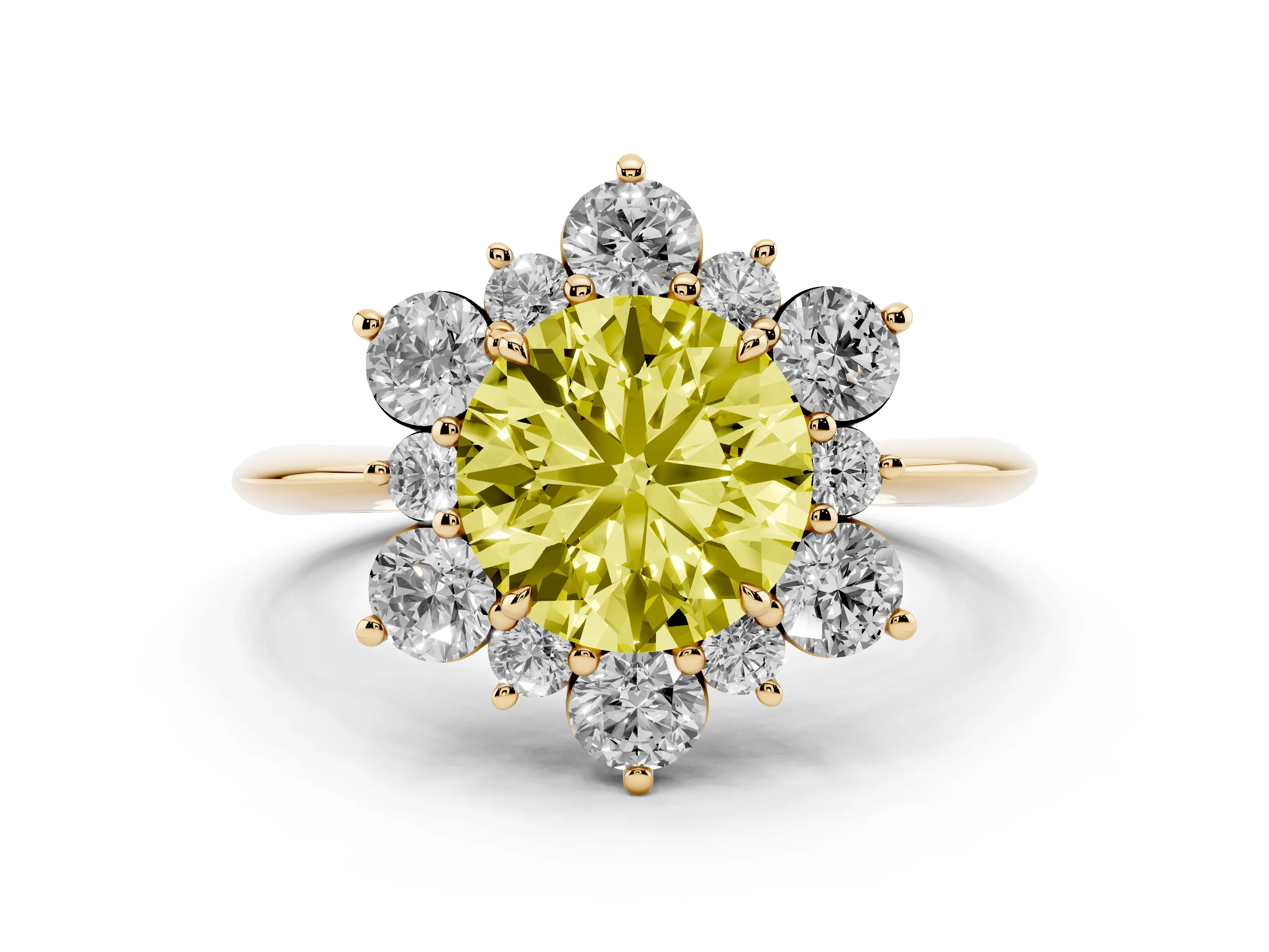 Fancy Yellow Round Cut Diamond Cluster Halo Ring Set in Yellow gold with Solitaire Band and Prong Setting