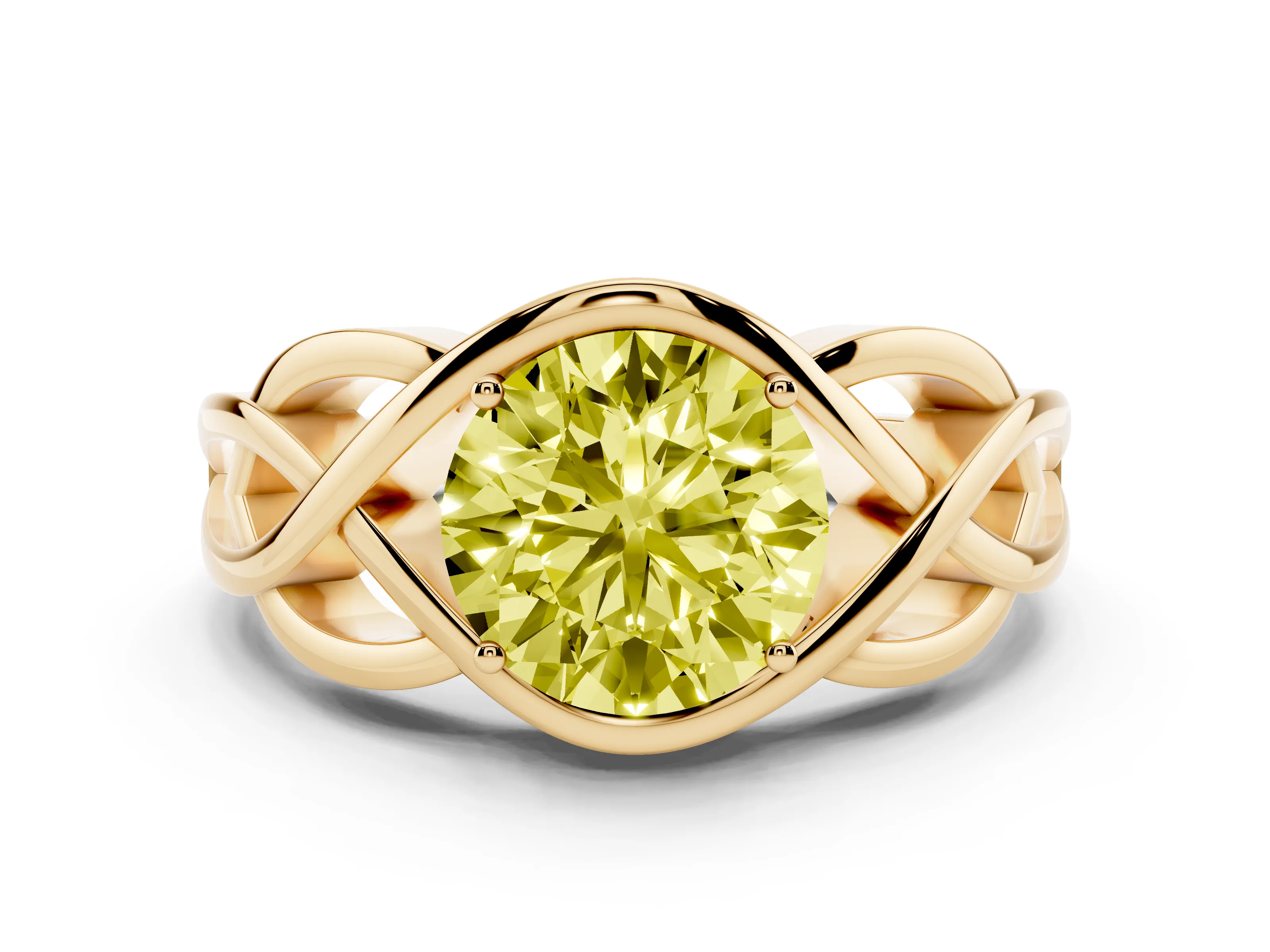 Fancy Yellow Round Cut Diamond Solitaire Ring Set in Yellow gold with Intertwined Band