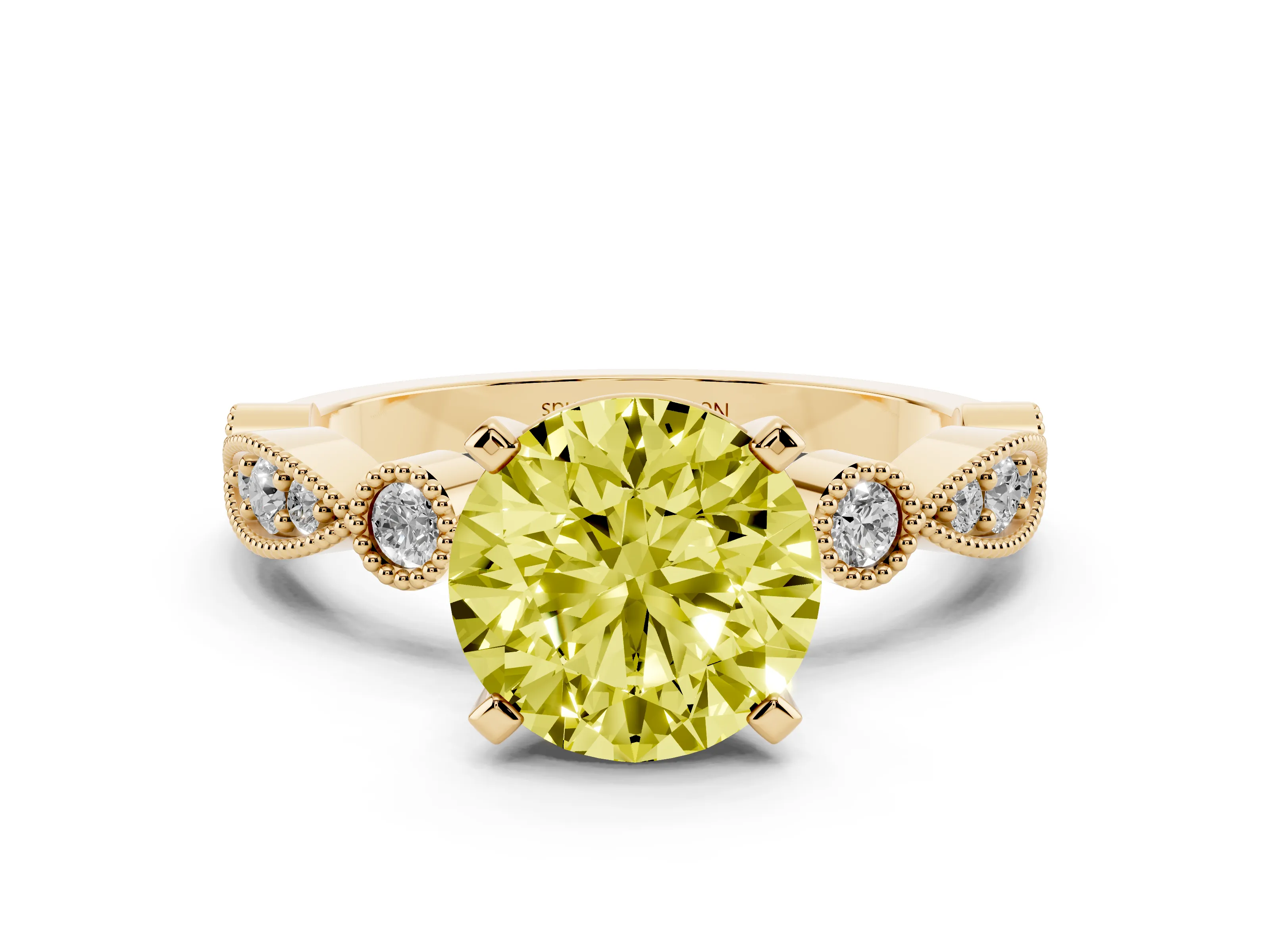 Fancy Yellow Round Cut Diamond Solitaire Engagement Ring Set in Yellow gold with Milgrain Bezel Accent Band