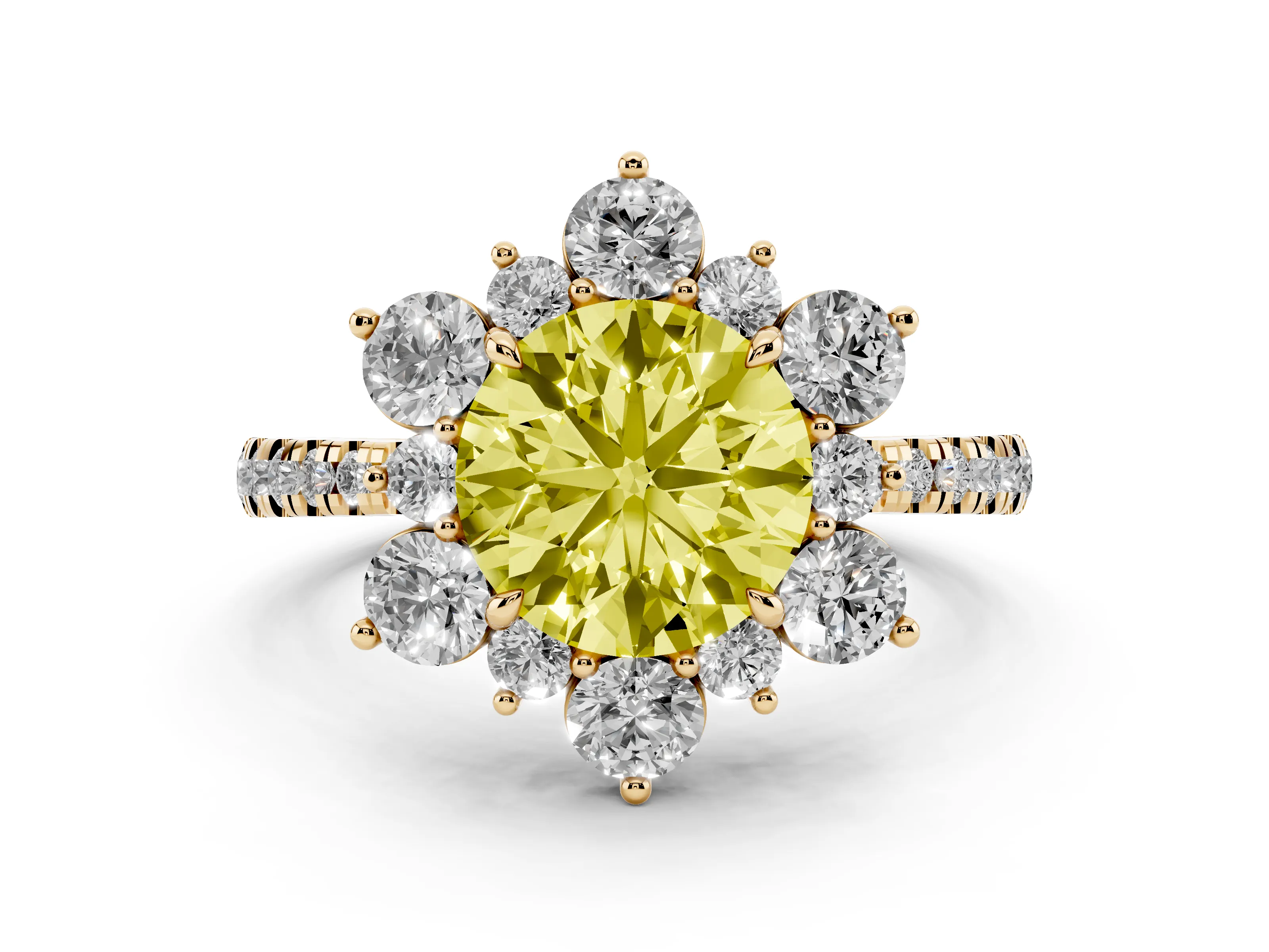 Fancy Yellow Round Cut Diamond Floral Halo Ring Set in Yellow gold with Round Pavé Band and Prong Setting