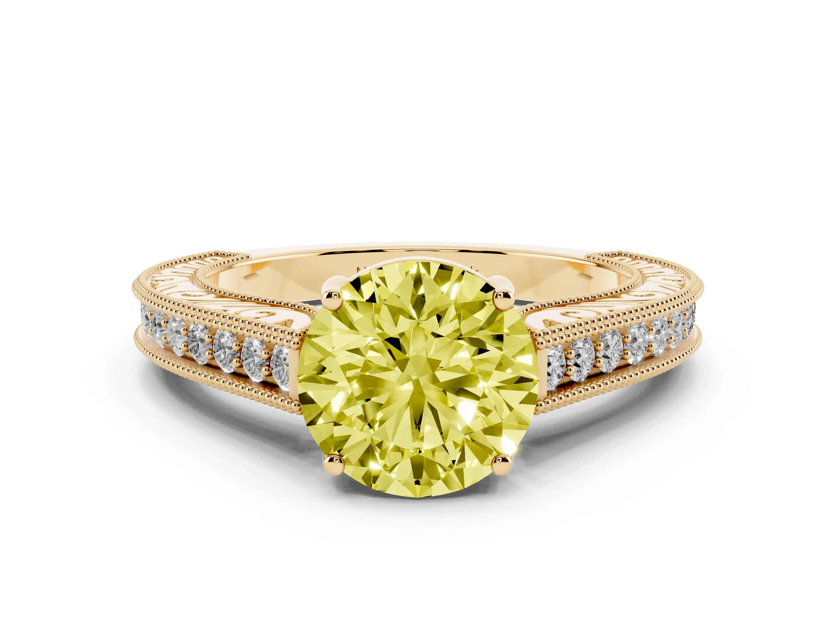 Fancy Yellow Round Cut Diamond Milgrain Pavé Band Solitaire Ring Set in Yellow gold with Prong Setting