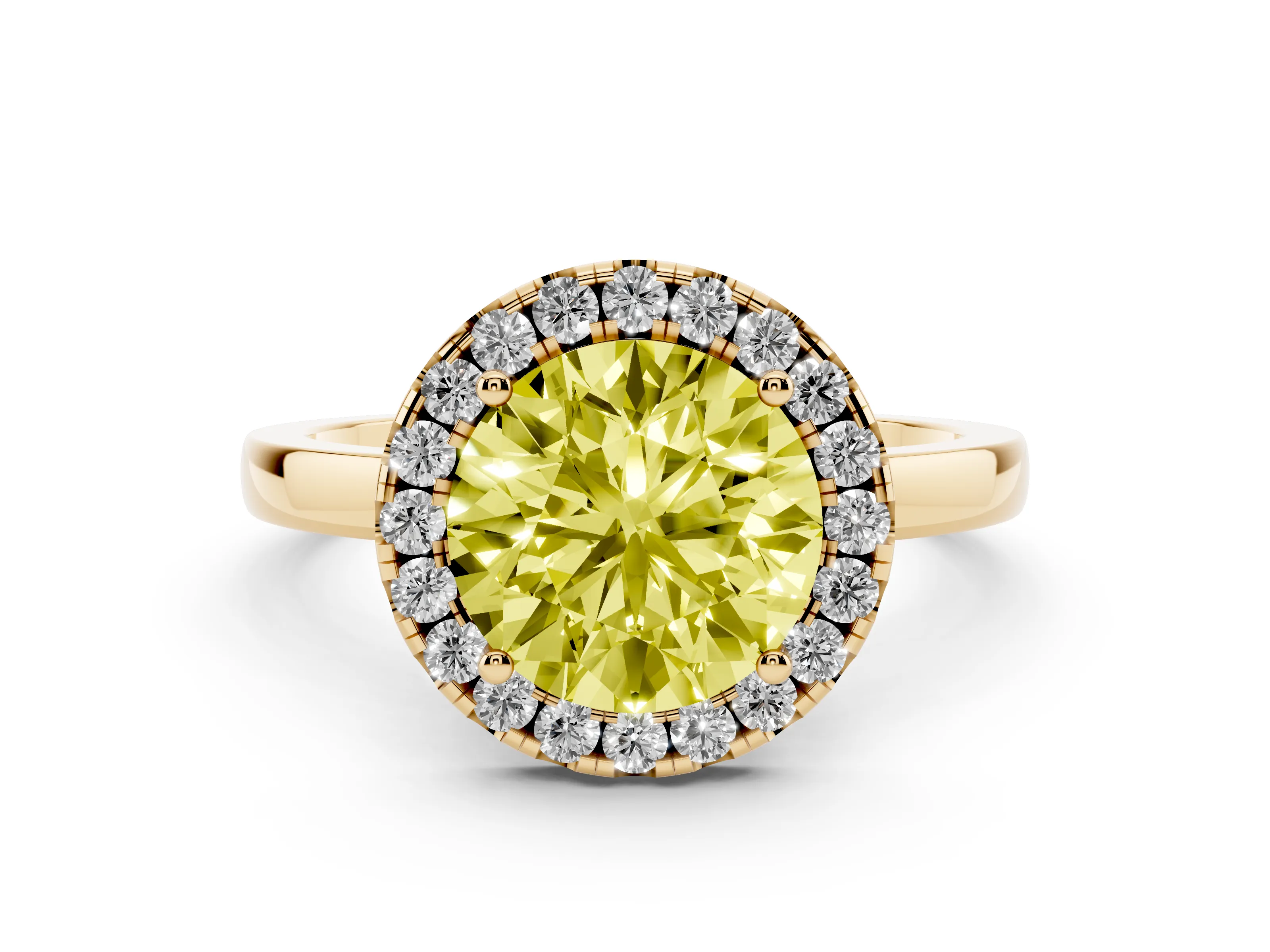 Fancy Yellow Round Cut Diamond Halo Solitaire Ring Set in Yellow gold with Pavé Band and Prong Setting