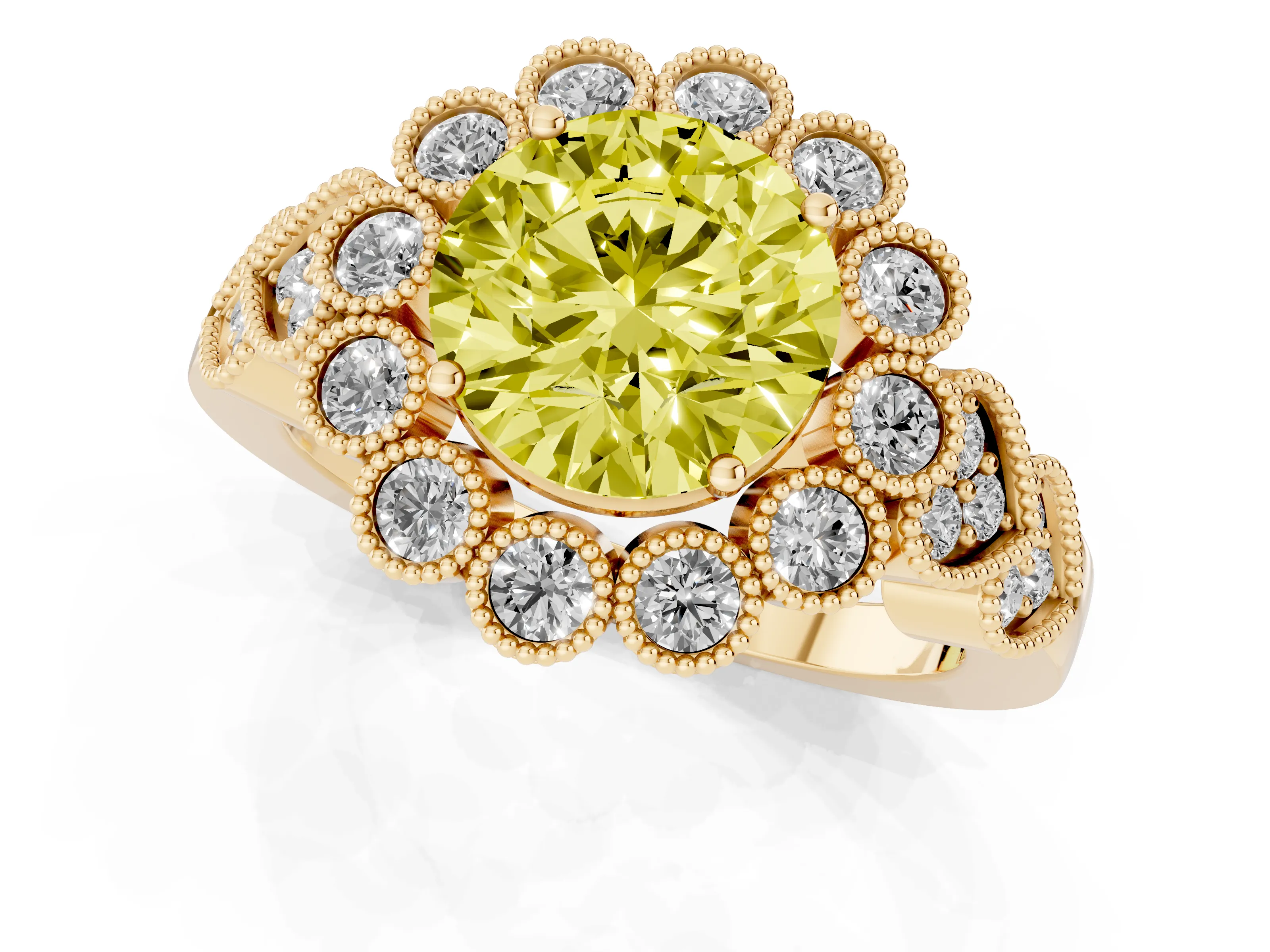 Fancy Yellow Round Cut Diamond Solitaire Ring Set in Yellow gold with Milgrain Pavé Heart Band