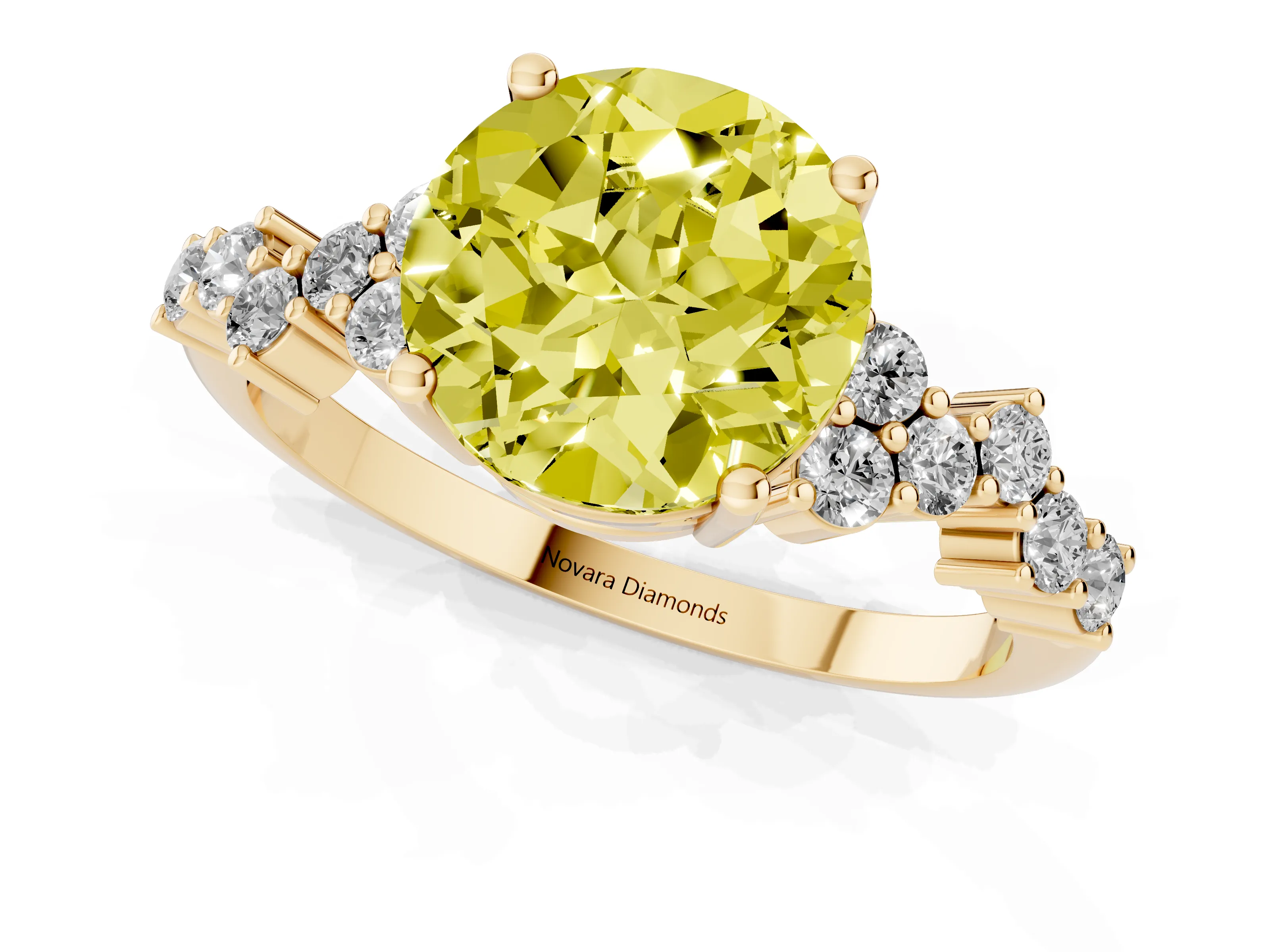 Fancy Yellow Round Cut Diamond Ring Set in Yellow gold with Scattered Round Accents