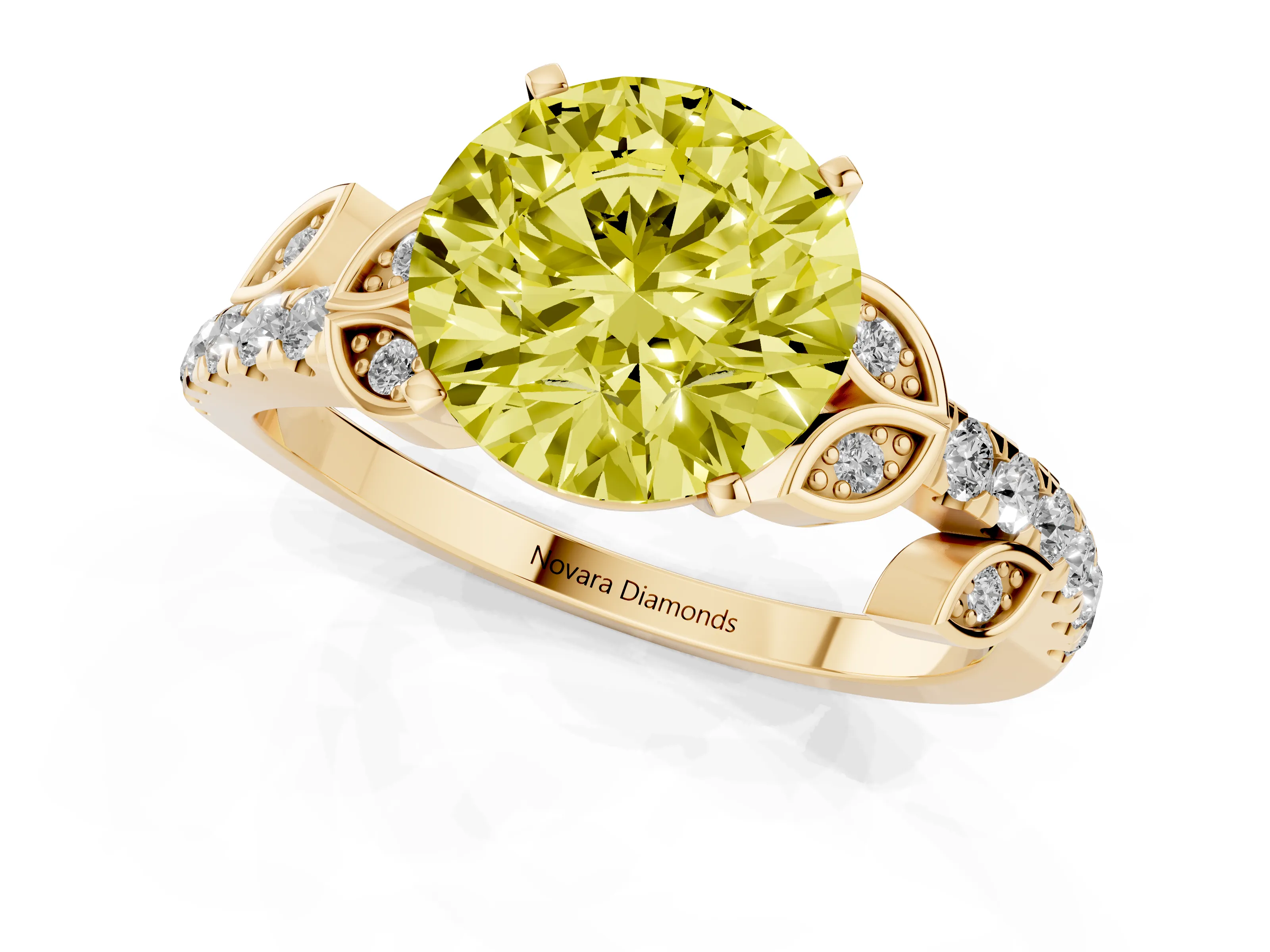 Fancy Yellow Round Cut Diamond Solitaire Leaf-Inspired Ring Set in Yellow gold with Pavé Band and Prong Setting