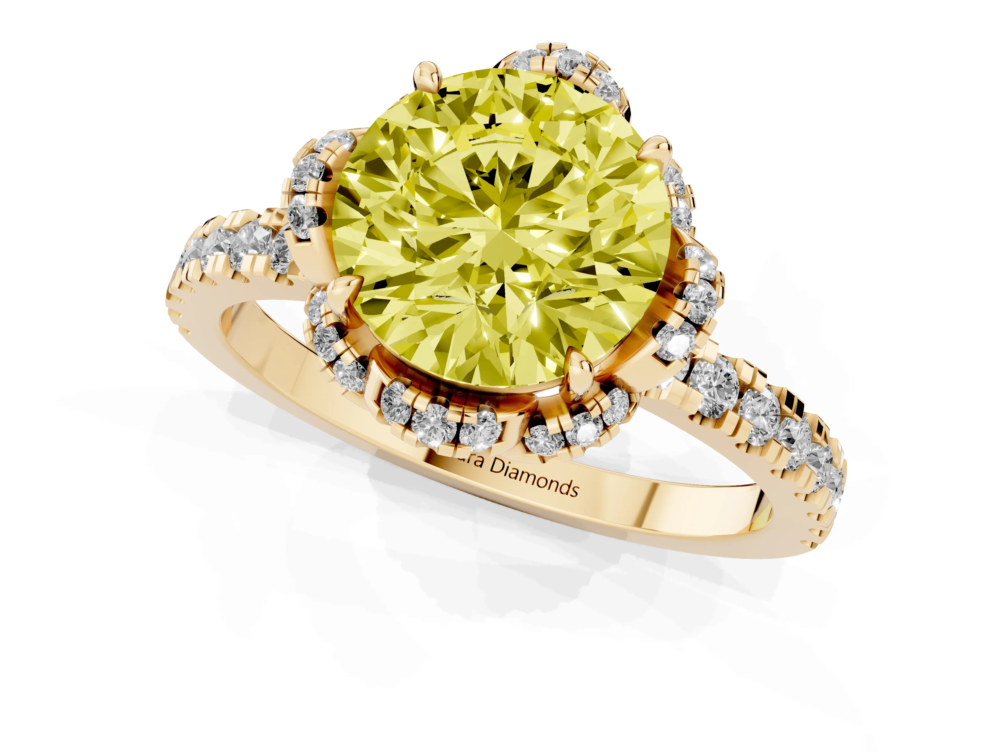 Fancy Yellow Round Cut Diamond Halo Pavé Band Ring Set in Yellow gold with Prong-Held Center