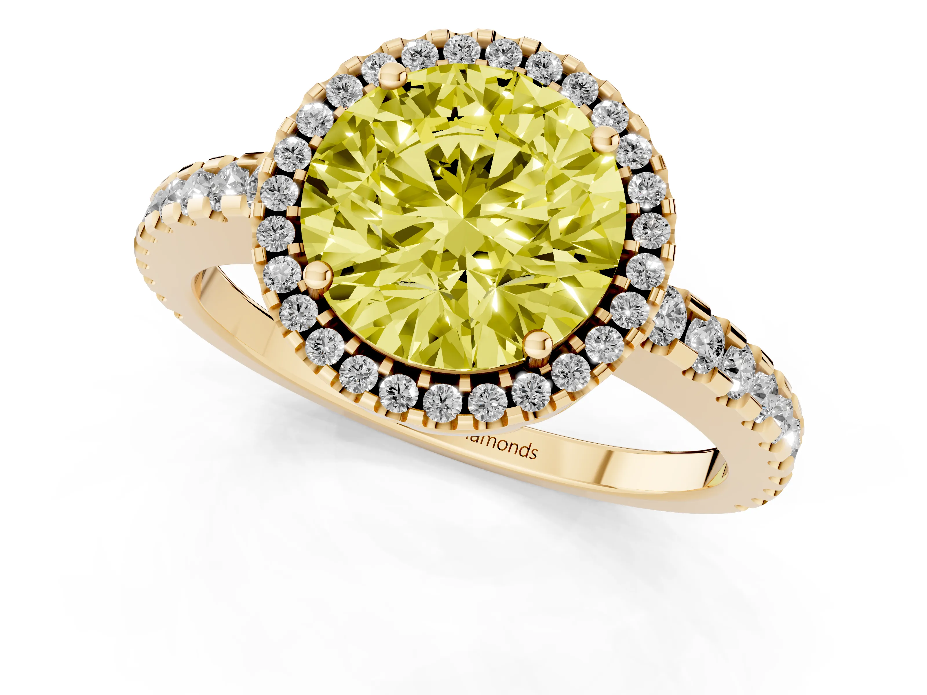 Fancy Yellow Round Cut Diamond Halo Ring Set in Yellow gold with Pavé Shoulders and Halo-Framed Center