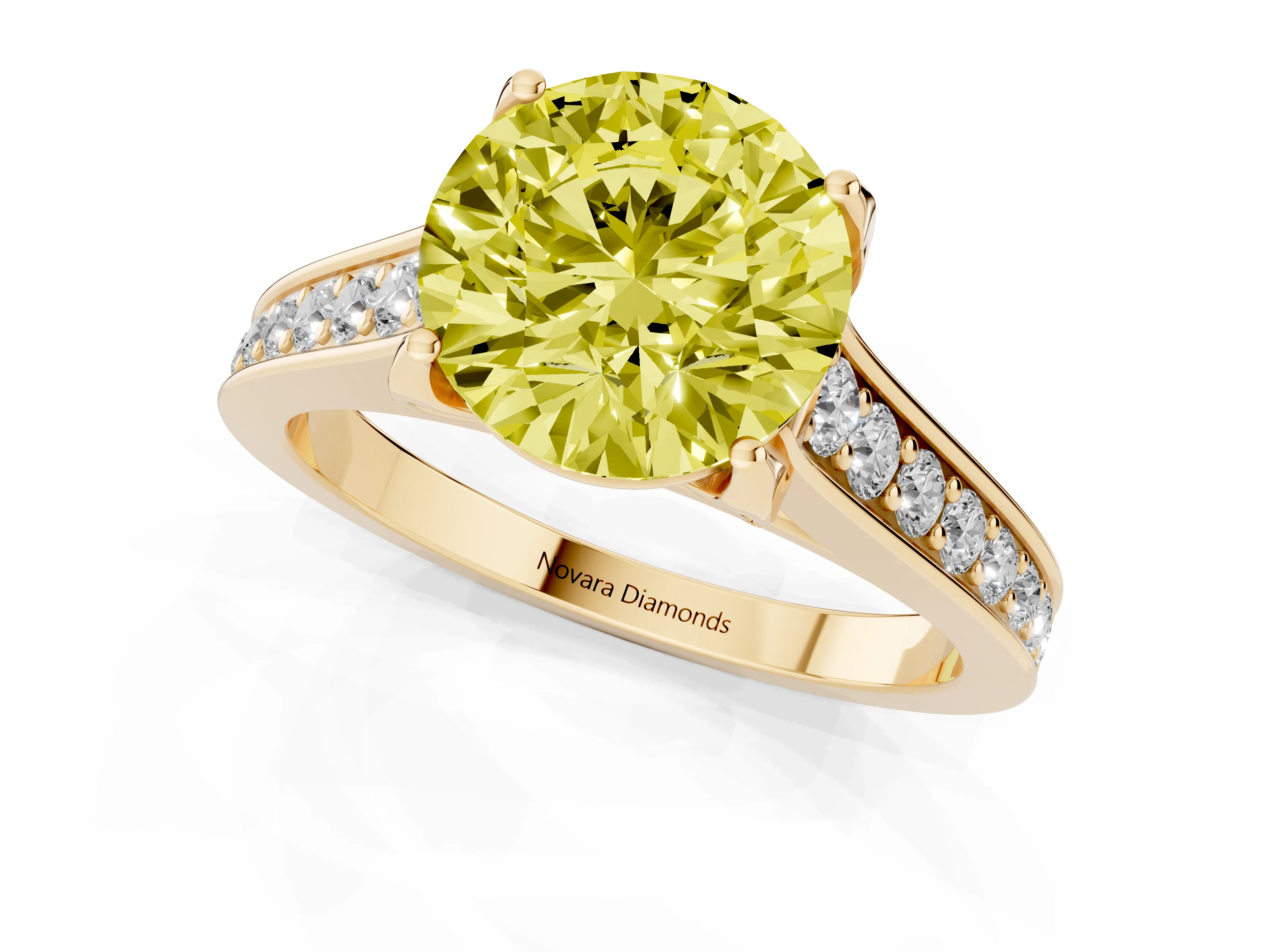 Fancy Yellow Round Cut Diamond Solitaire Pavé Engagement Ring Set in Yellow gold with Prong Setting
