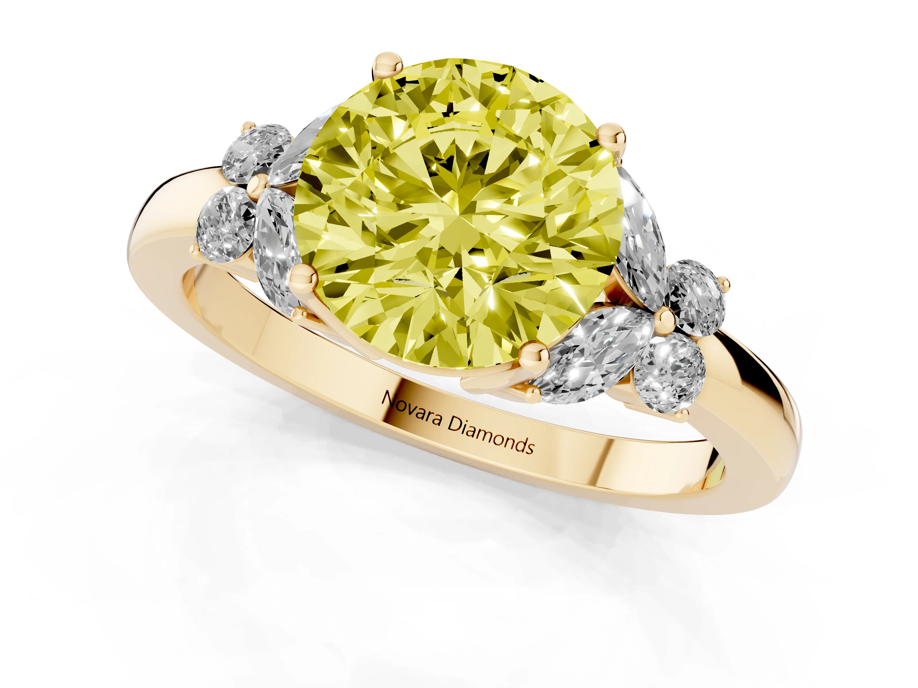 Fancy Yellow Round Cut Diamond Solitaire Floral Ring Set in Yellow gold with Marquise Petals and Prong Setting