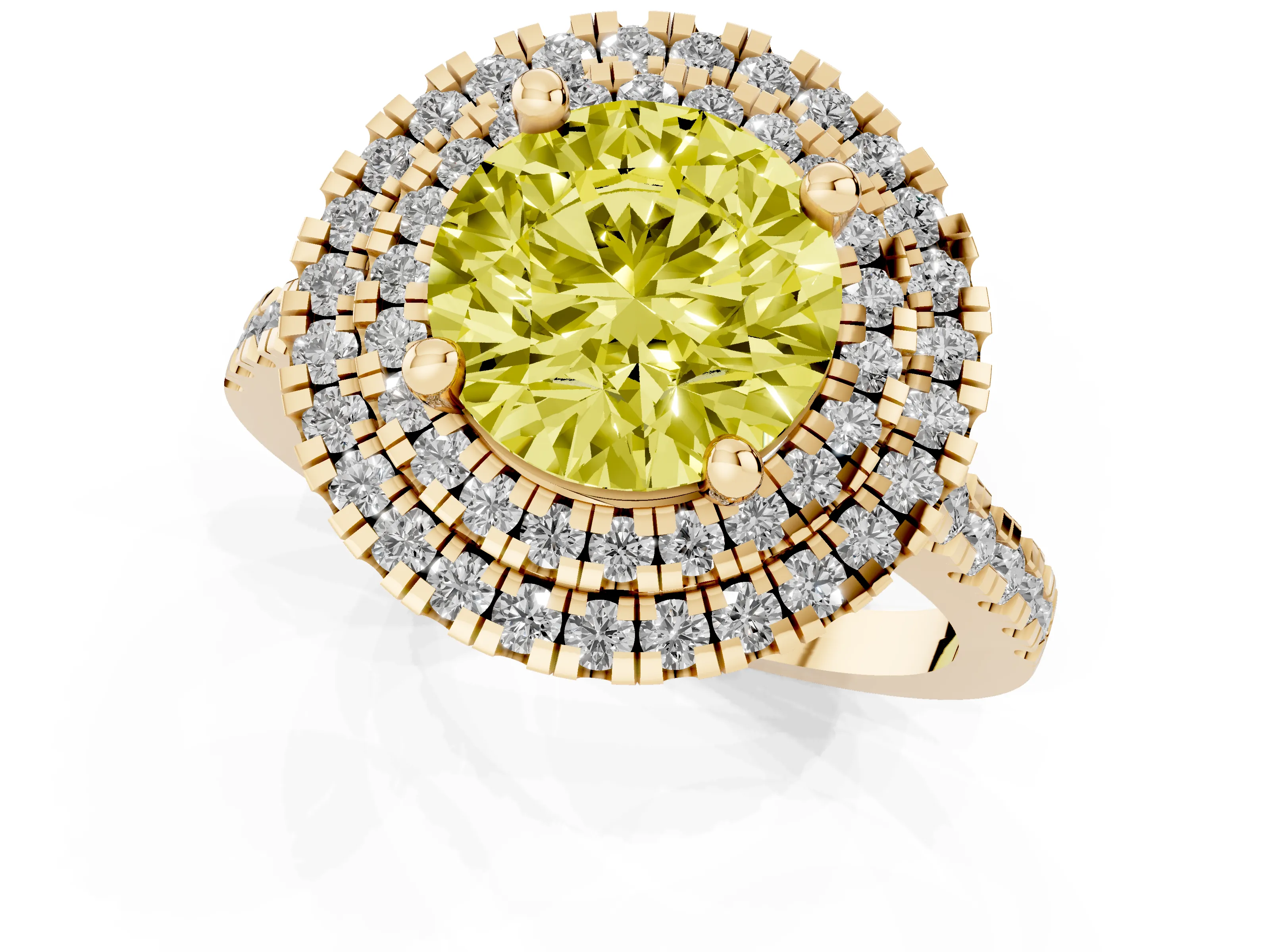 Fancy Yellow Round Cut Diamond Double Halo Statement Ring Set in Yellow gold with Pavé Band