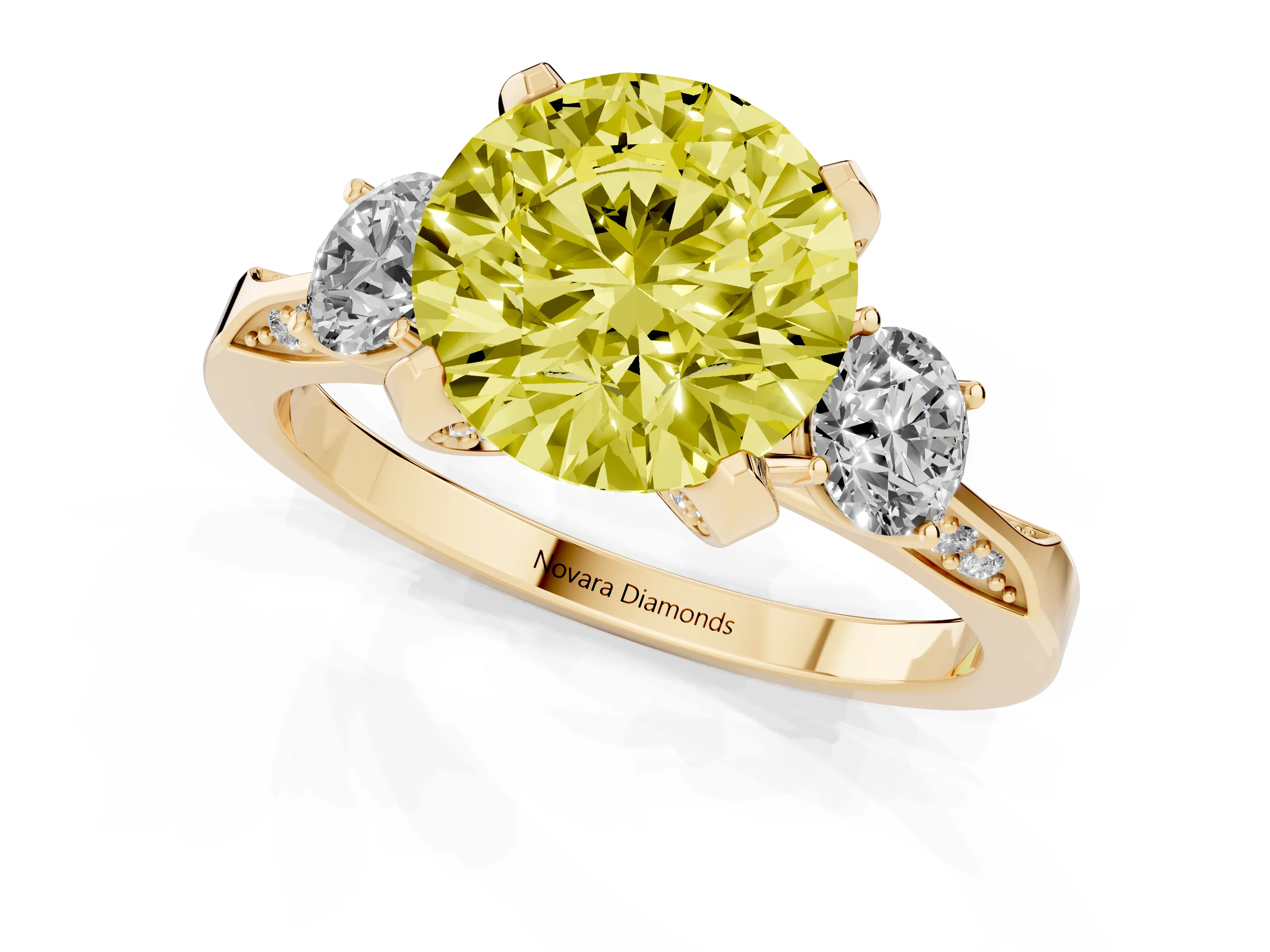 Fancy Yellow Round Cut Diamond Three-Stone Ring Set in Yellow gold with Pavé Band and Smaller Side Stones