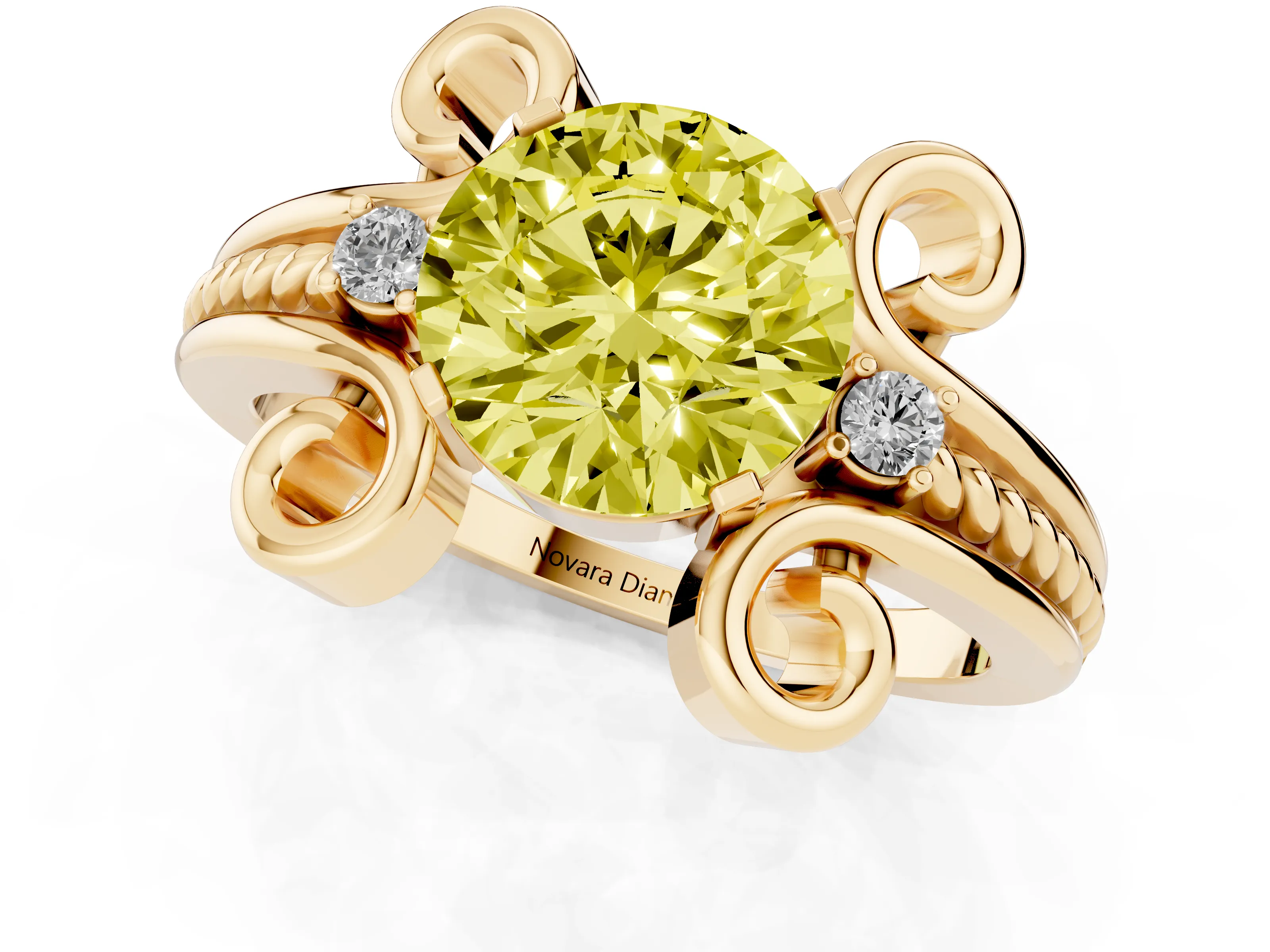 Fancy Yellow Round Cut Diamond Twisted Band Solitaire Ring Set in Yellow gold with Scroll Prongs