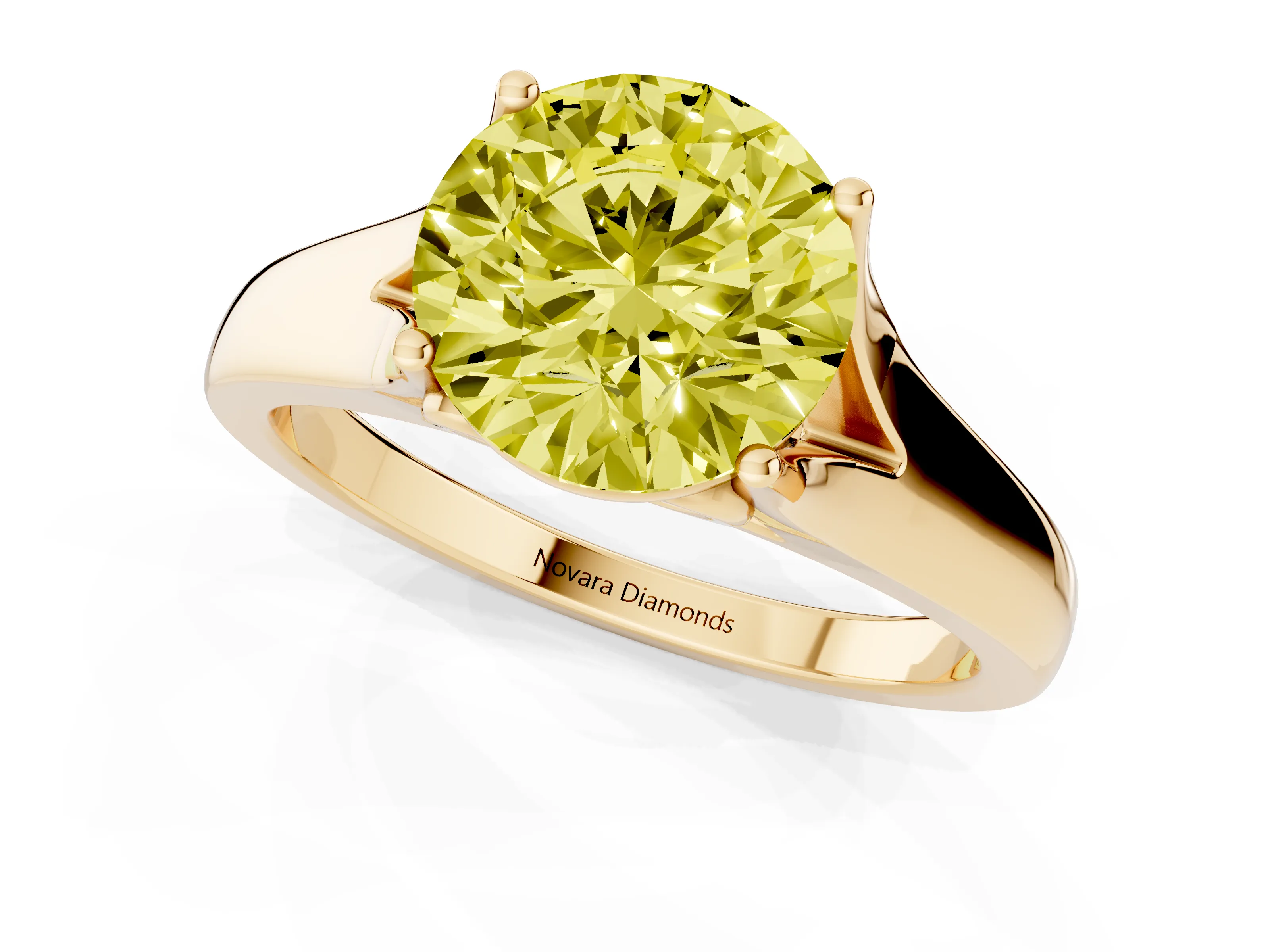 Fancy Yellow Round Cut Diamond Solitaire Ring Set in Yellow gold with Arched Cathedral Band and Prong Setting