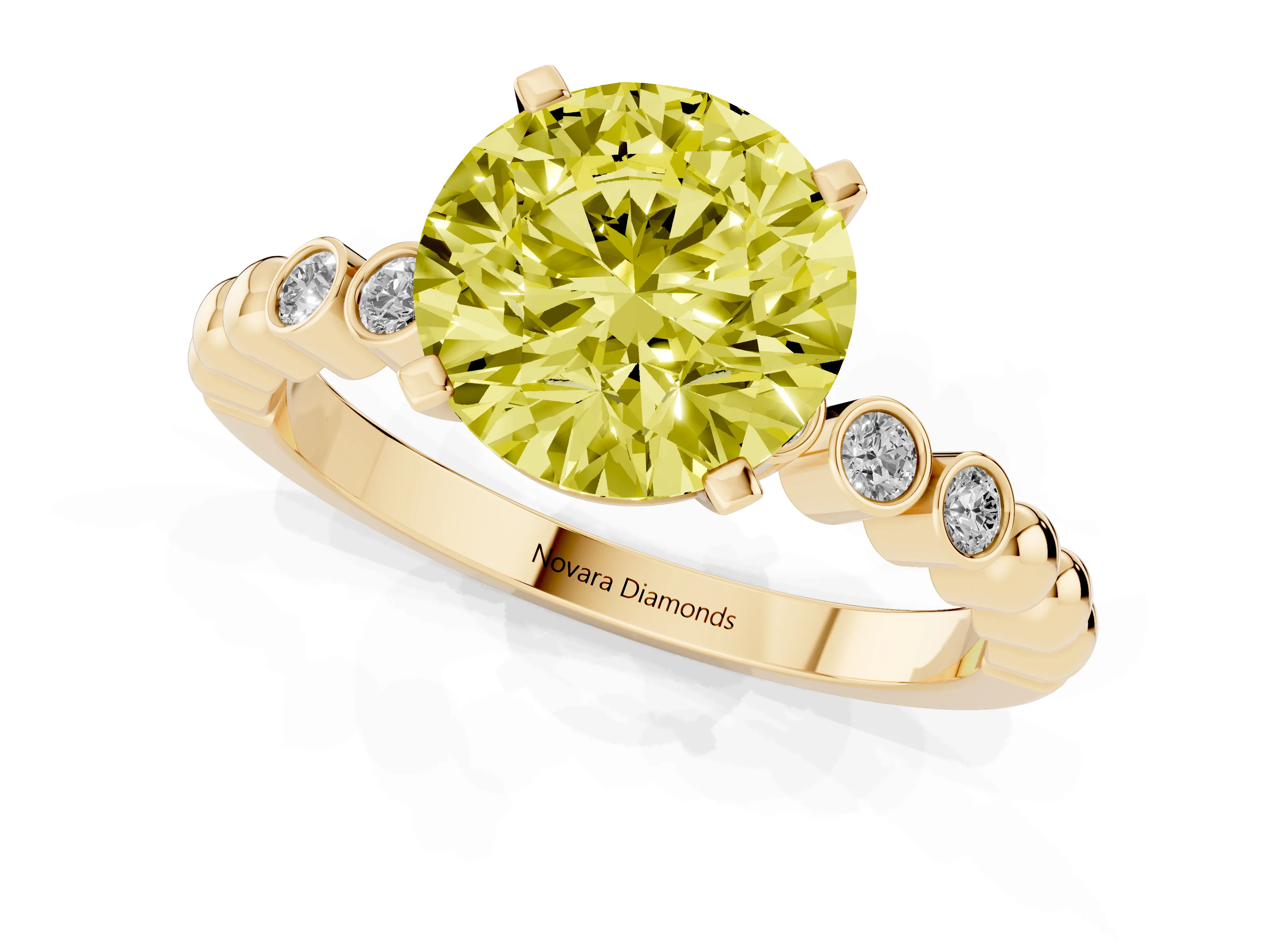 Fancy Yellow Round Cut Diamond Solitaire Engagement Ring Set in Yellow gold with Bezel Accents on Beaded Band