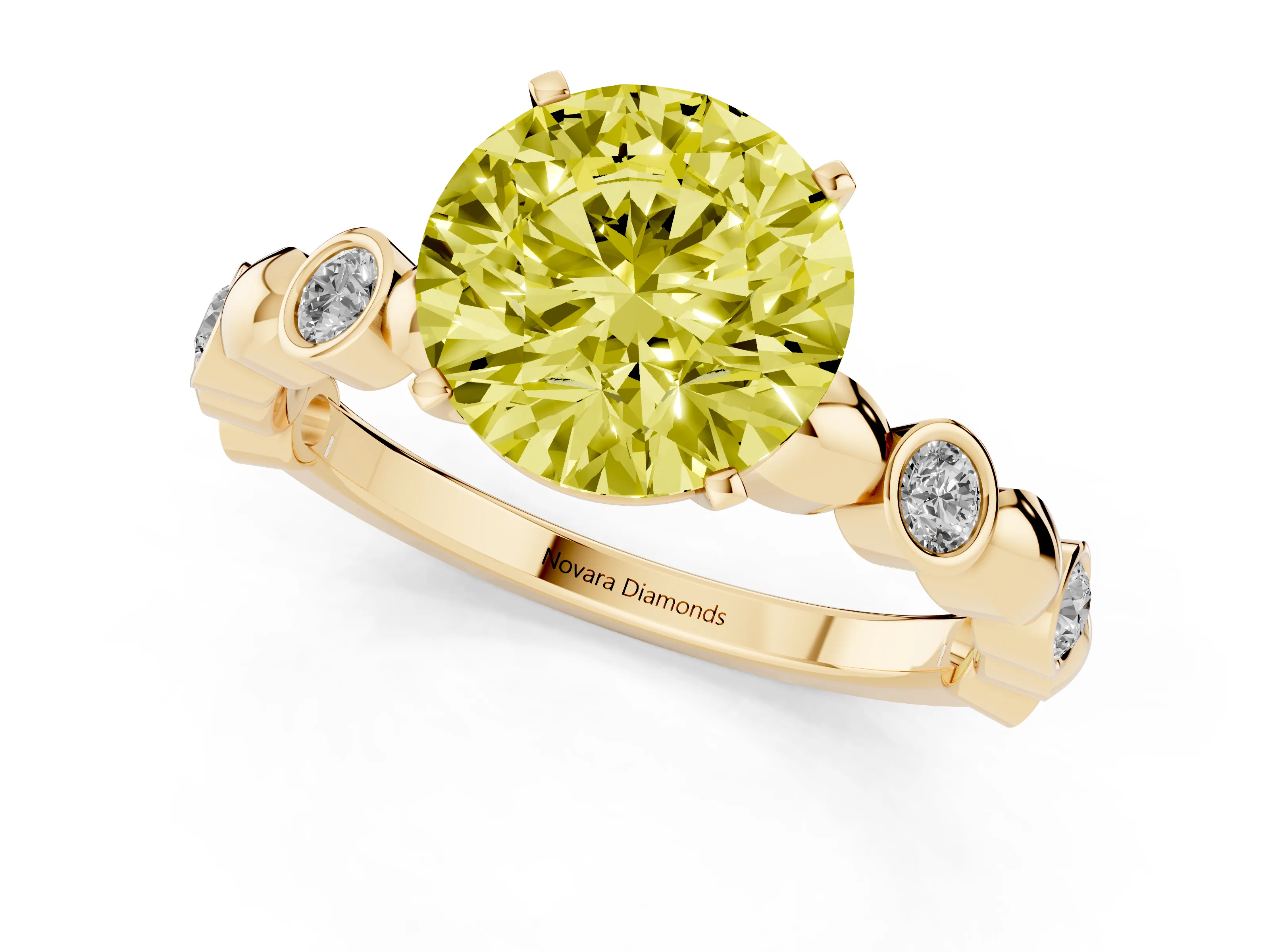 Fancy Yellow Round Cut Diamond Solitaire Ring Set in Yellow gold with Bezel-Set Accents on Beaded Band and Prong Setting