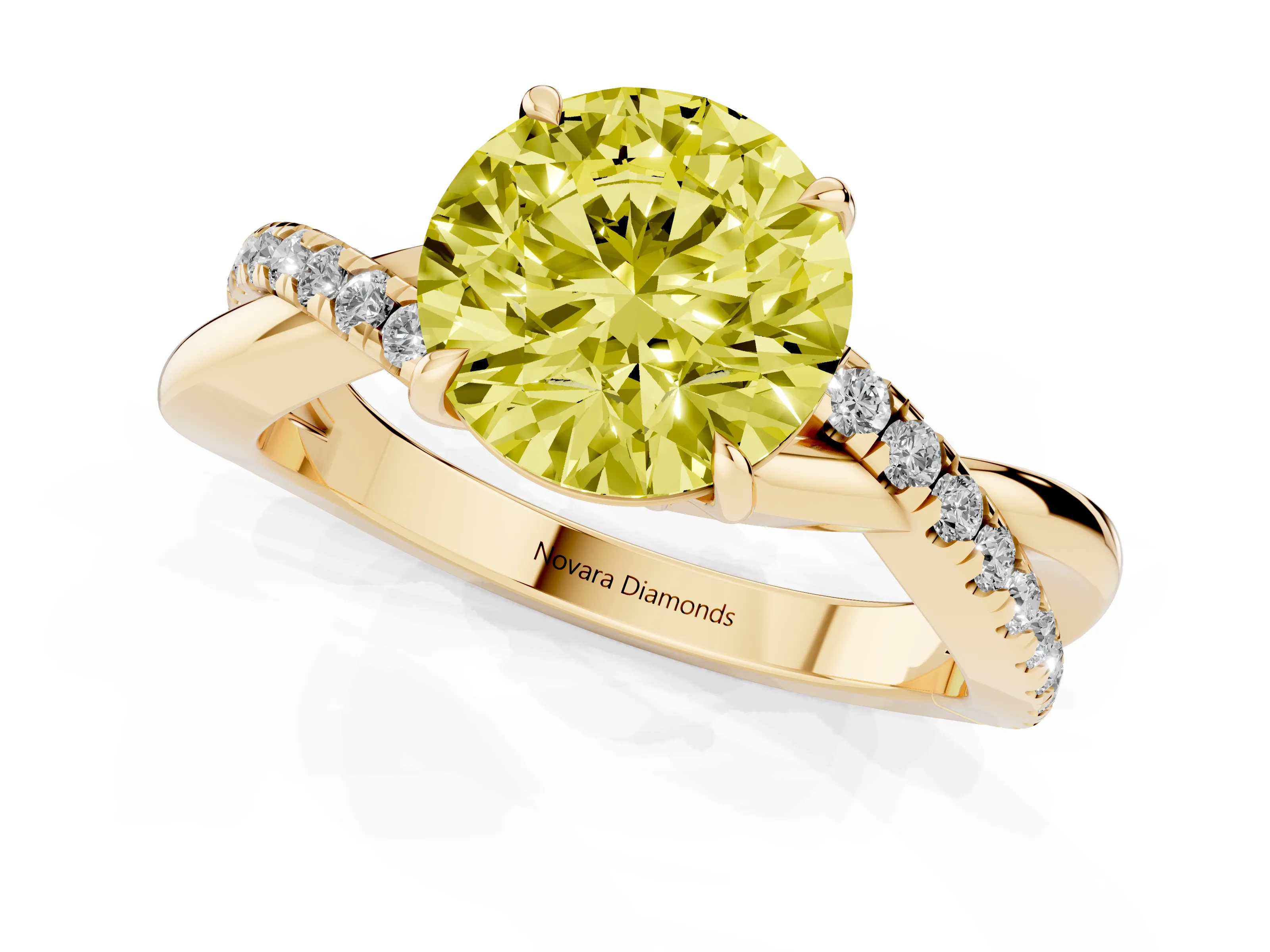 Fancy Yellow Round Cut Diamond Twisted Pavé Band Ring Set in Yellow gold with Prong Setting