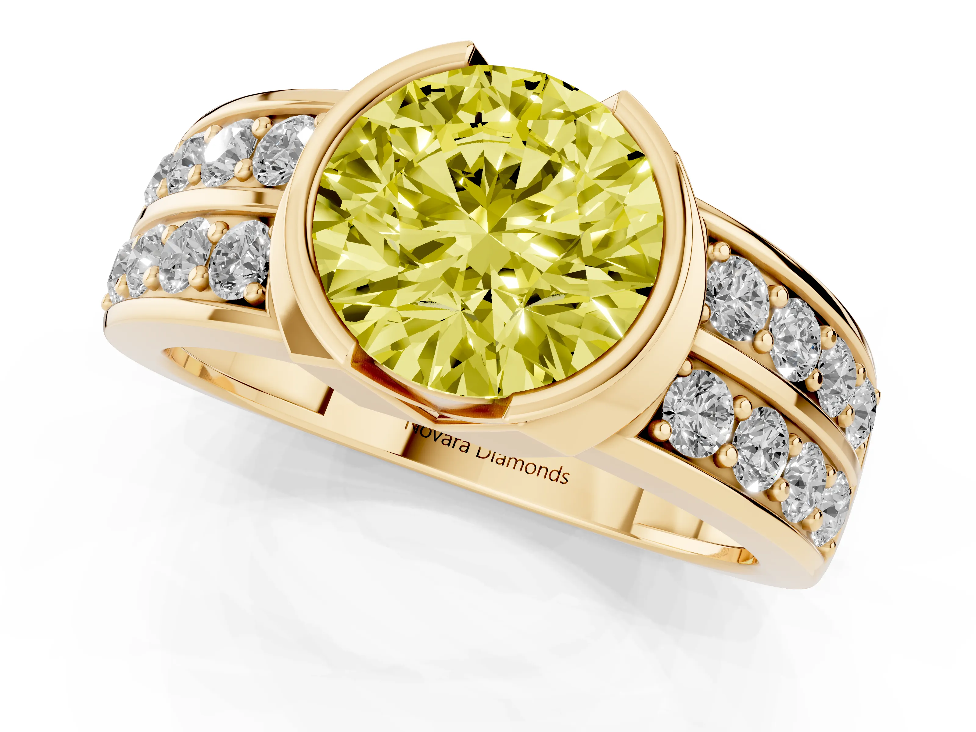 Fancy Yellow Round Cut Diamond Wide Channel Set Band Ring Set in Yellow gold with Bezel Setting
