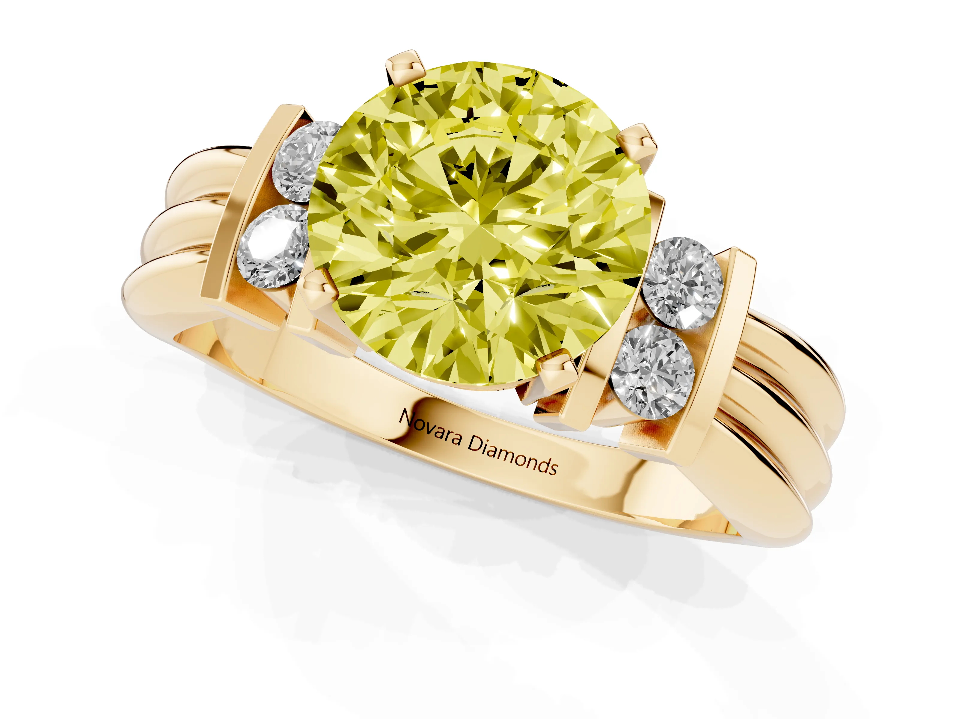 Fancy Yellow Three-Stone Round Cut Diamond Channel Set Ring Set in Yellow gold with Bar Prongs