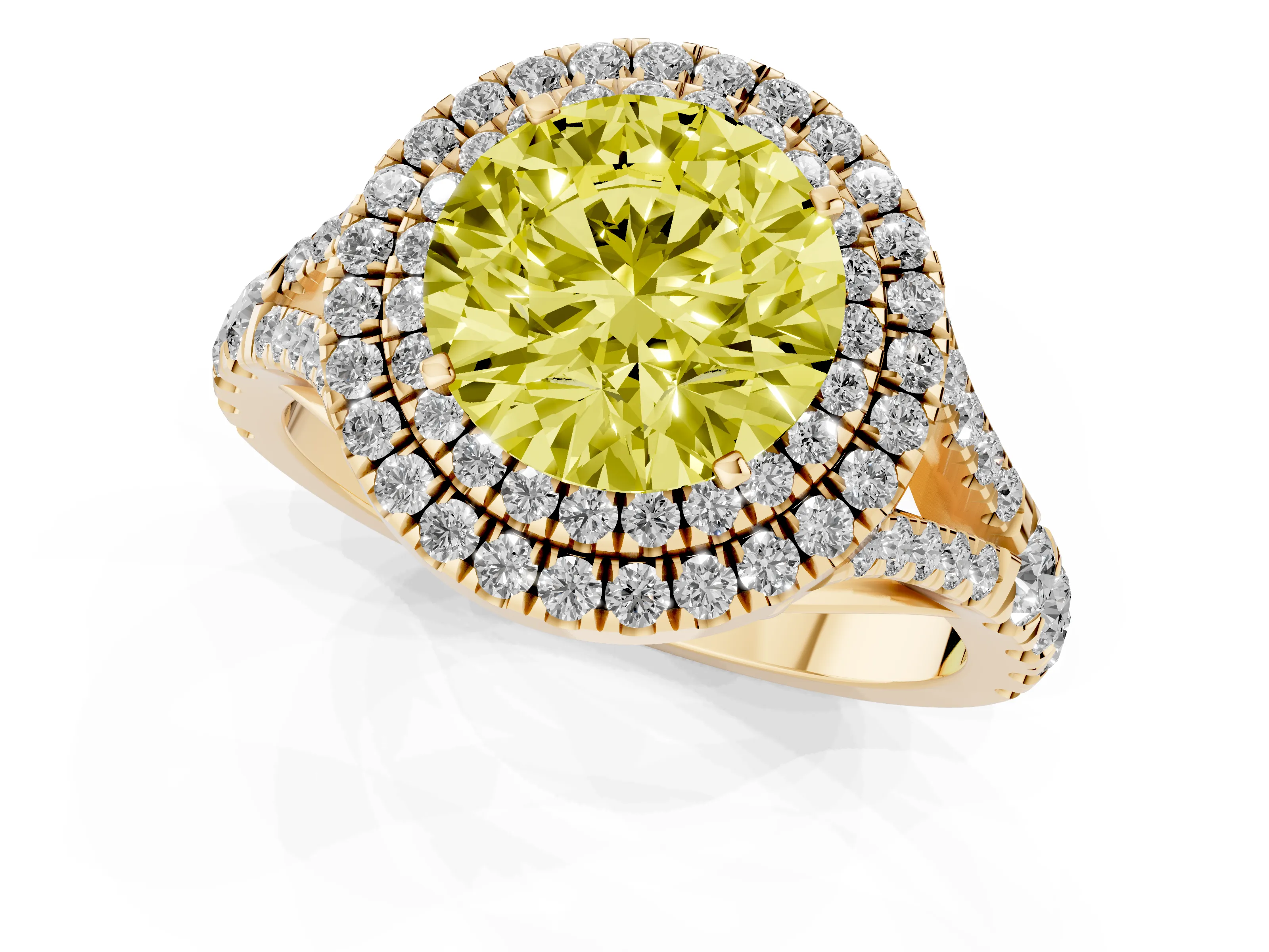 Fancy Yellow Round Cut Diamond Pavé Split Shank Double Halo Engagement Ring Set in Yellow gold
