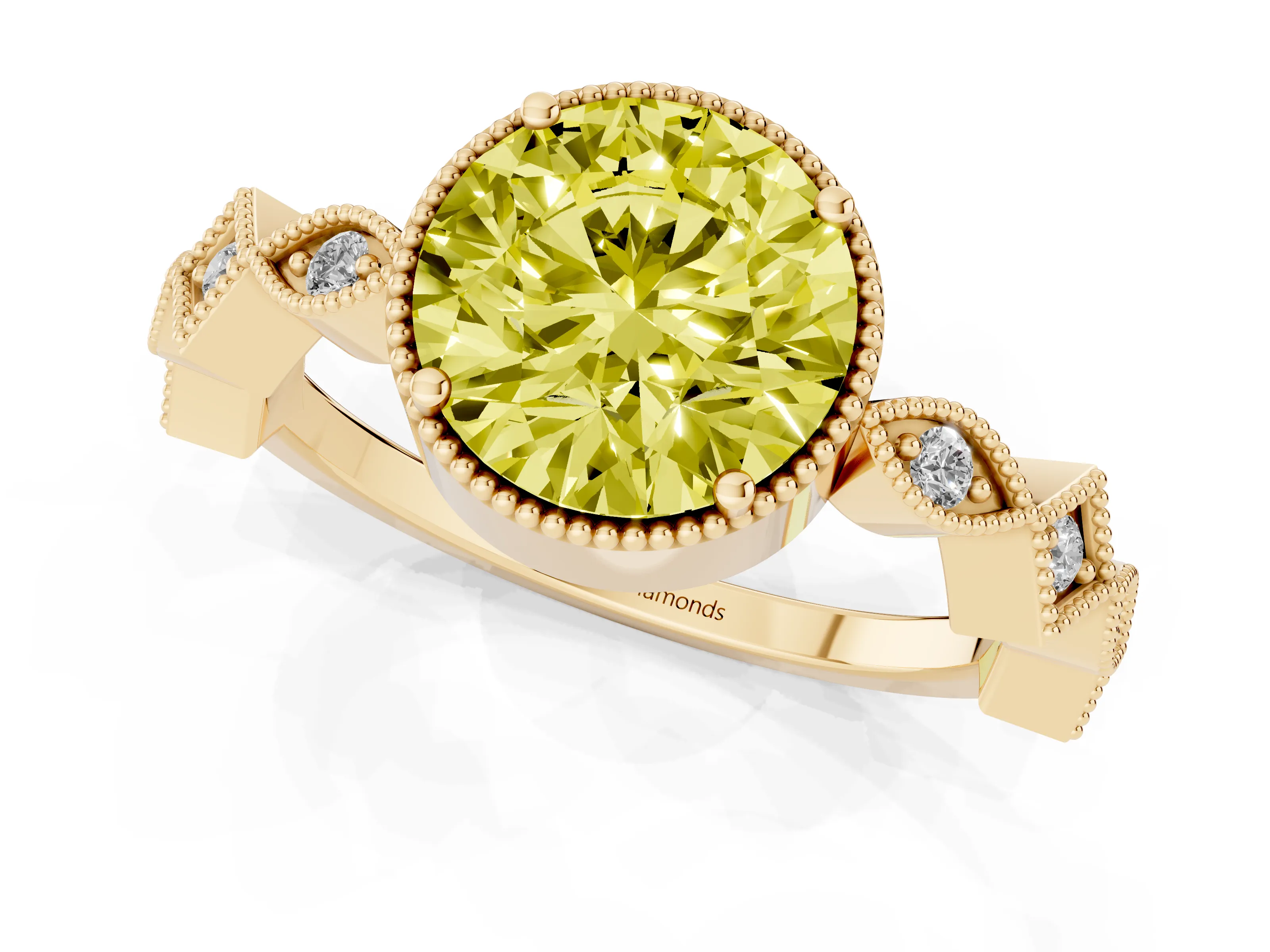 Fancy Yellow Round Cut Diamond Milgrain Marquise Twist Band Ring Set in Yellow gold with Prong Setting