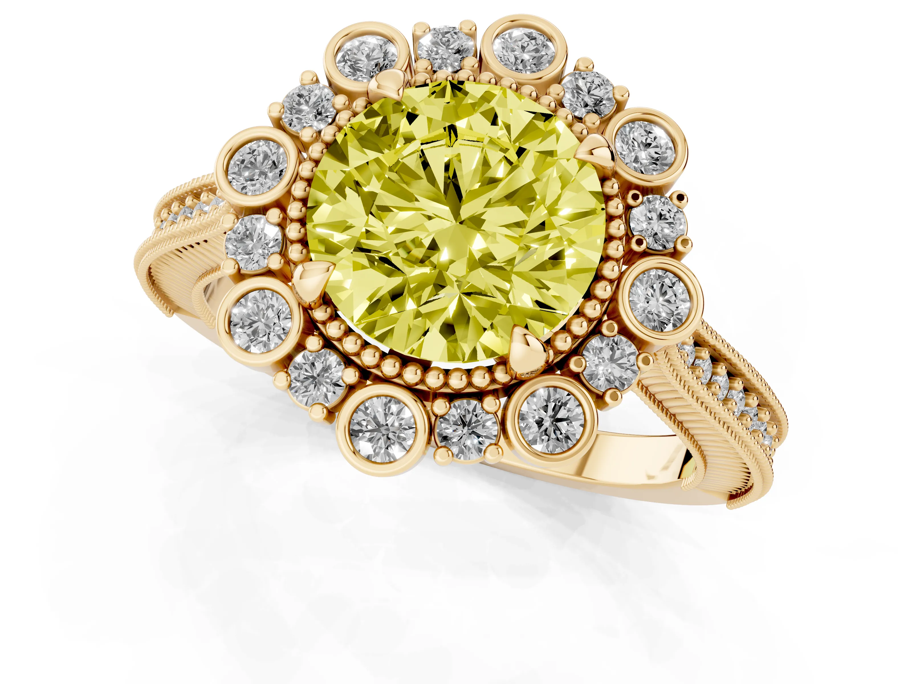 Fancy Yellow Round Cut Diamond Halo Milgrain Pavé Ring Set in Yellow gold with Prong Setting