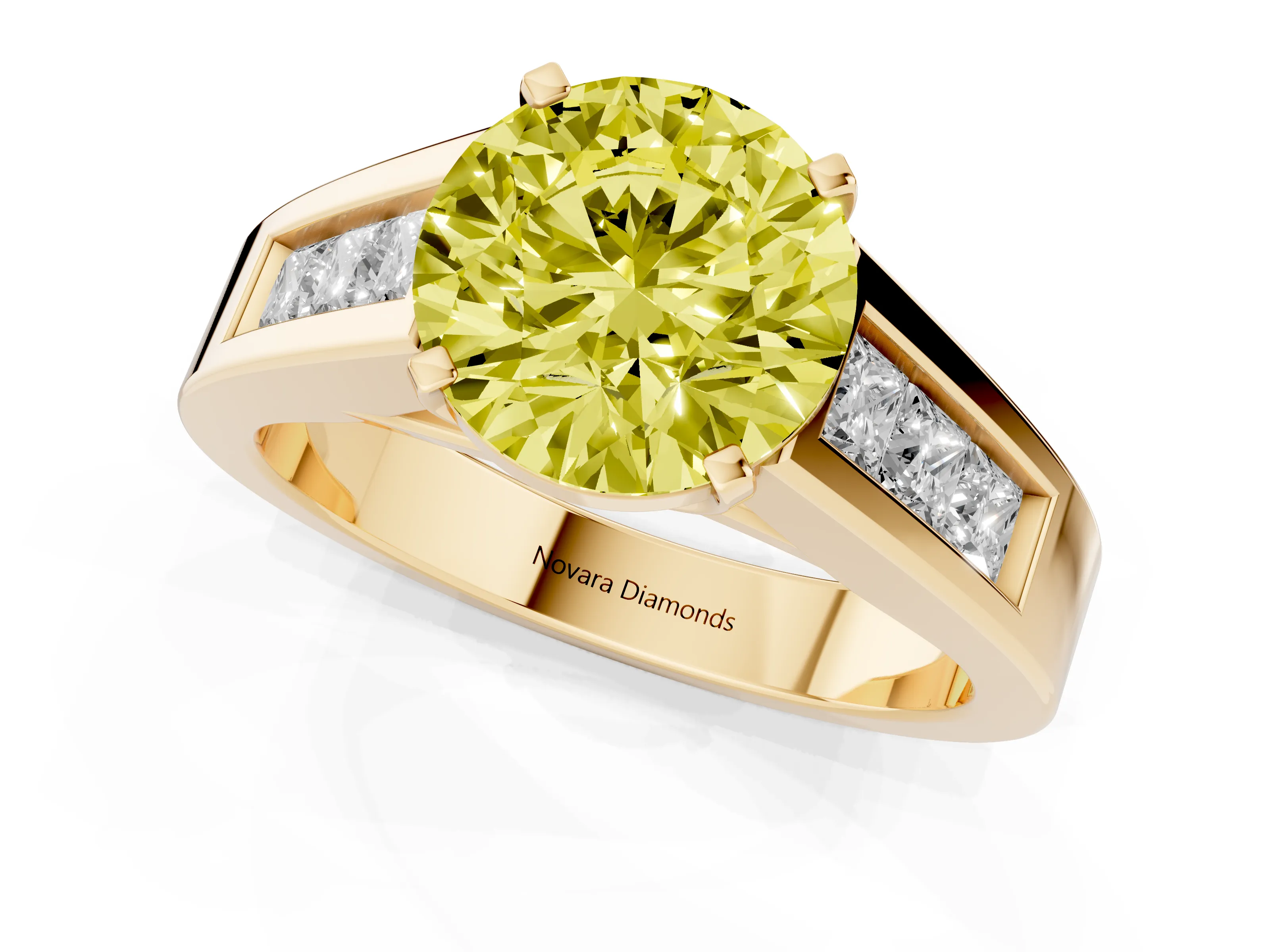 Fancy Yellow Round Cut Diamond Solitaire Ring Set in Yellow gold with Channel-Set Accent Stones and Prong Setting – second view