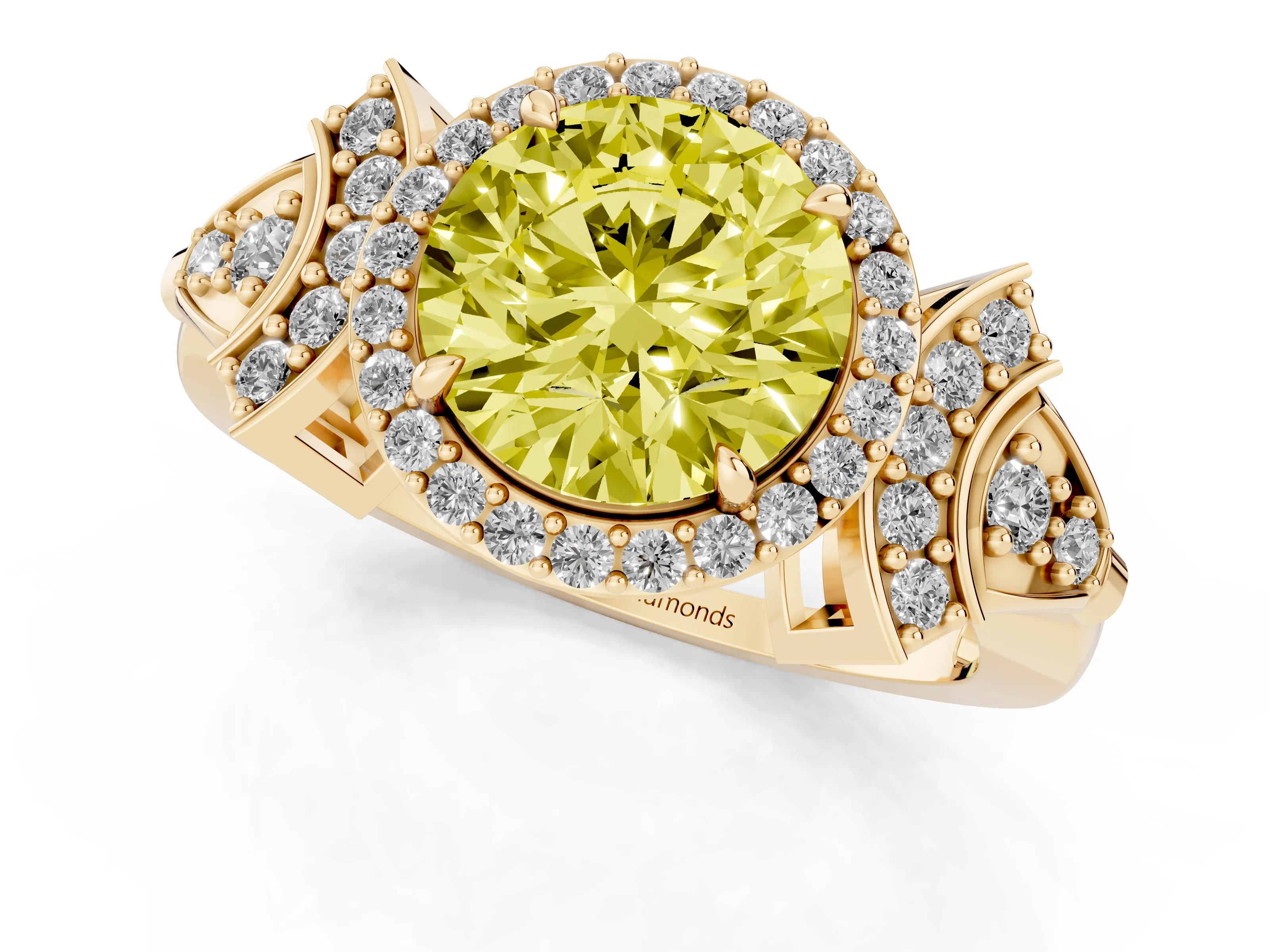 Fancy Yellow Round Cut Diamond Halo Engagement Ring Set in Yellow gold with Accent Stone Split Shank
