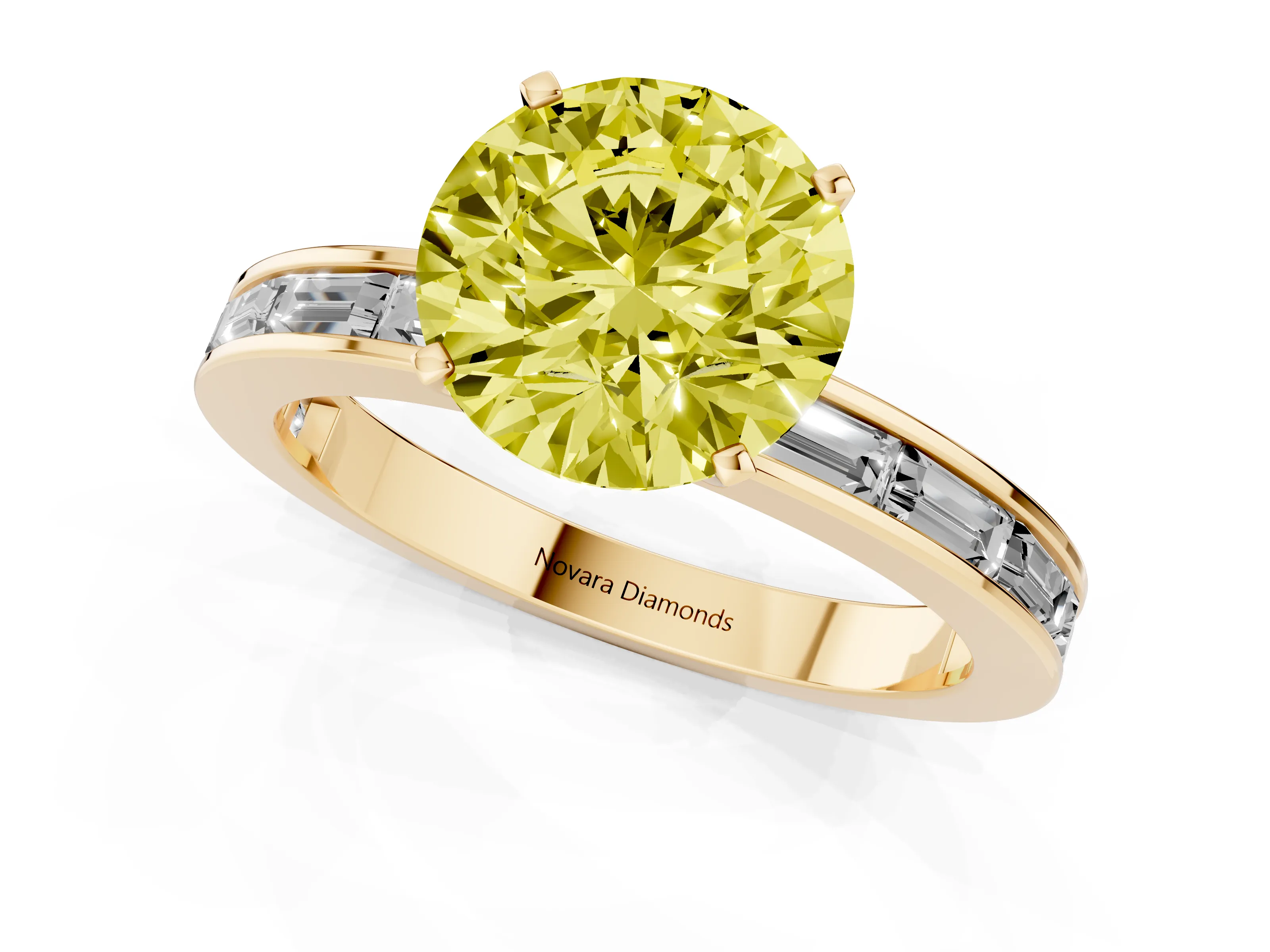 Fancy Yellow Round Cut Diamond Solitaire Ring Set in Yellow gold with Channel-Set Baguette Band and Prong Setting