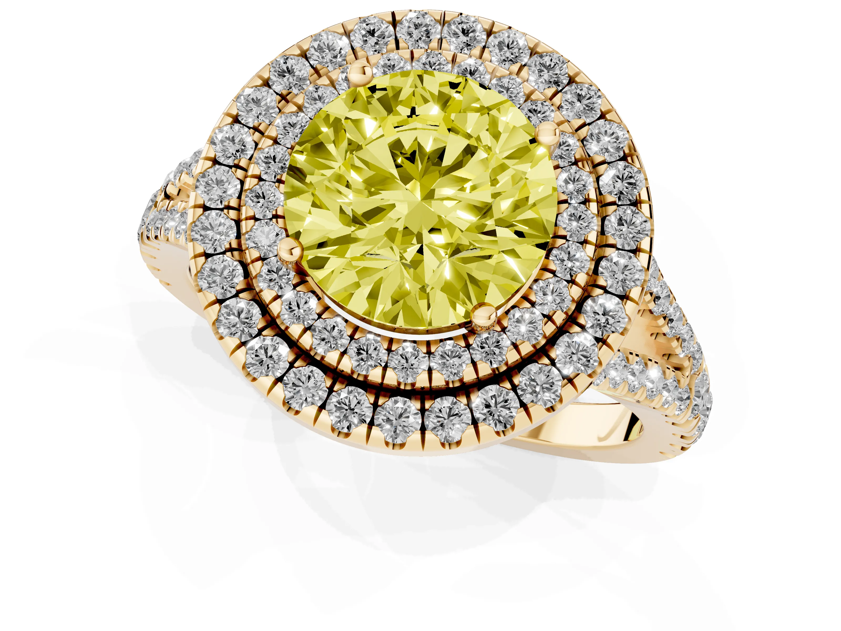 Fancy Yellow Round Cut Diamond Double Halo Ring Set in Yellow gold with Pavé Band
