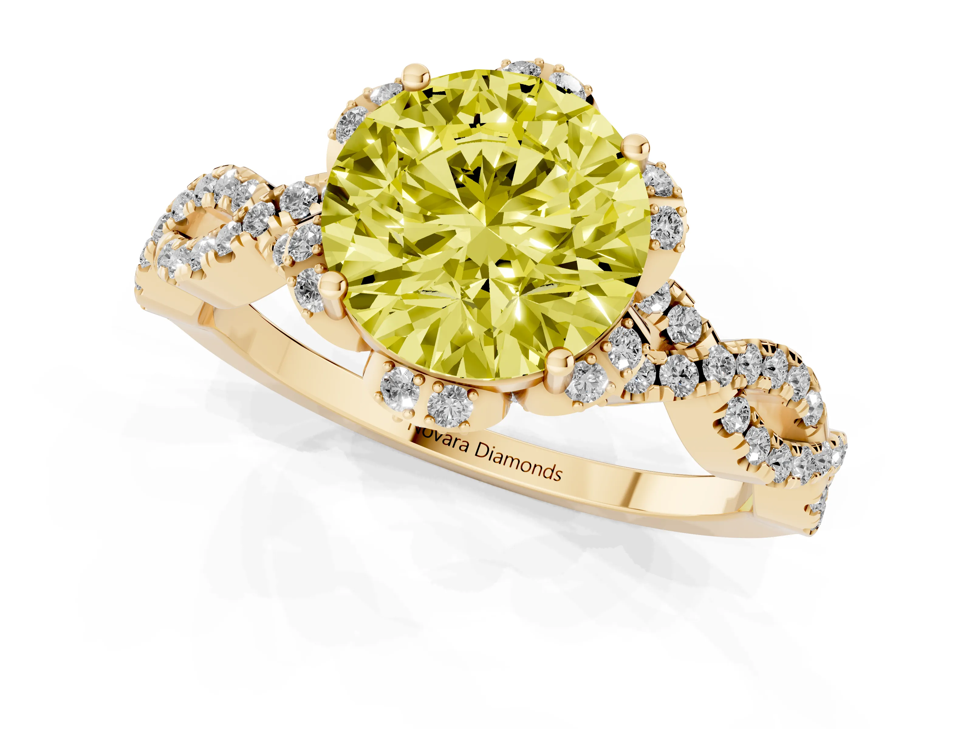 Fancy Yellow Round Cut Diamond Halo Twist Band Solitaire Ring Set in Yellow gold with Prong-Set Center Stone